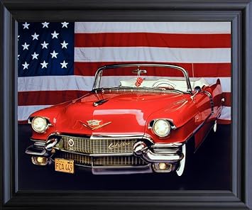 American Flag Vintage Car Framed Wall Decor Red Cadillac Home Black Framed Art Print Picture