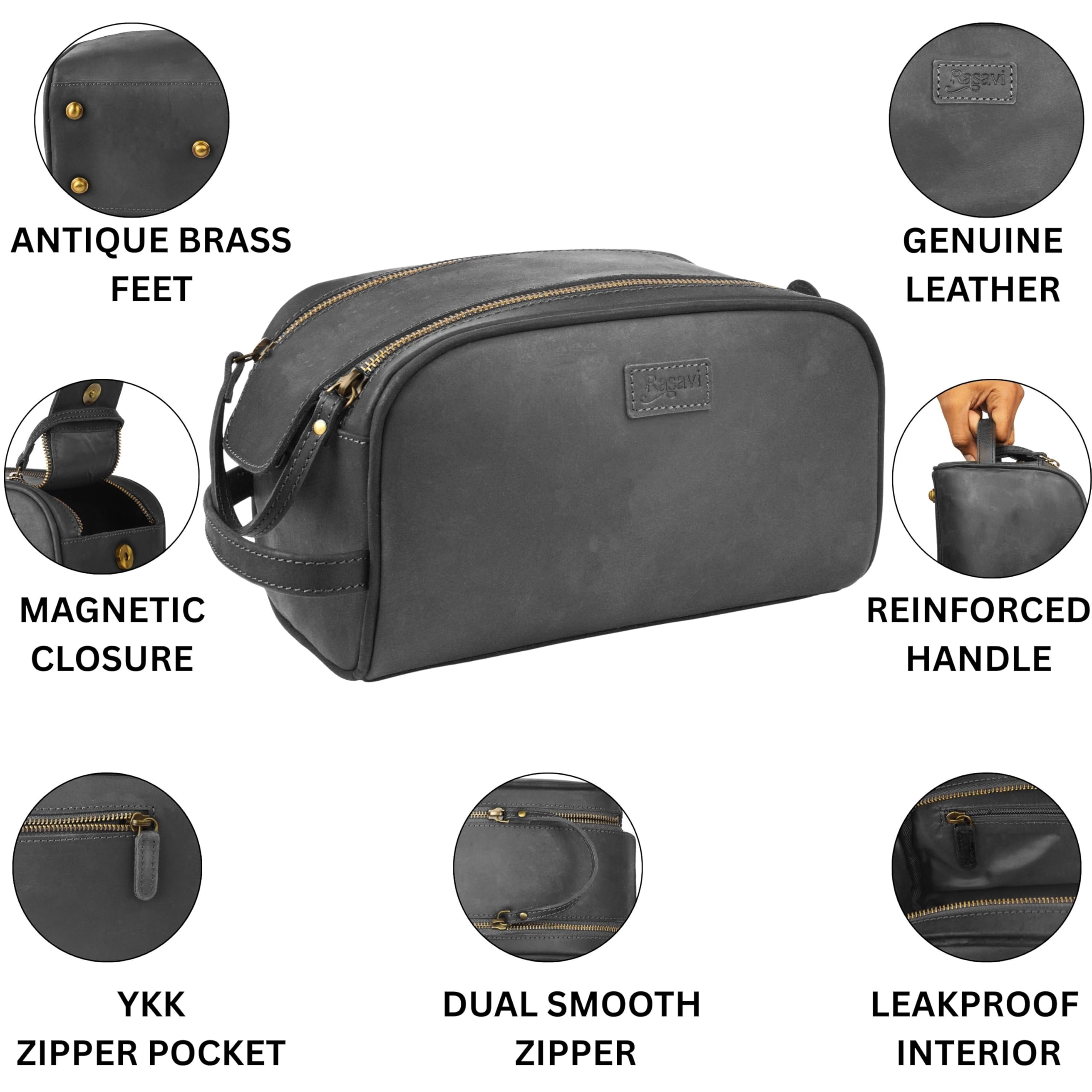 Rasavi Trousse de toilette de voyage en cuir véritable, fabriquée à la main, trousse de toilette vintage résistante à l'eau, grand organisateur de rasage et de salle de bain, cadeau pour homme et