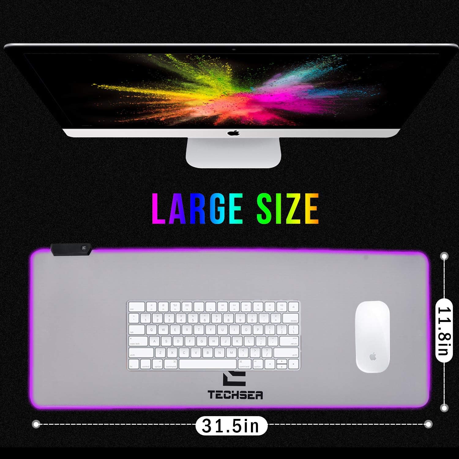 RGB Gaming Mouse Pad, Large Extended Soft Led Mouse Mat with 14 Lighting Modes 2 Brightness Levels, Non-Slip Rubber Base, Waterproof Surface, Keyboard Mousepad (31.5 x 11.8 x 0.2 Inch, Silver)