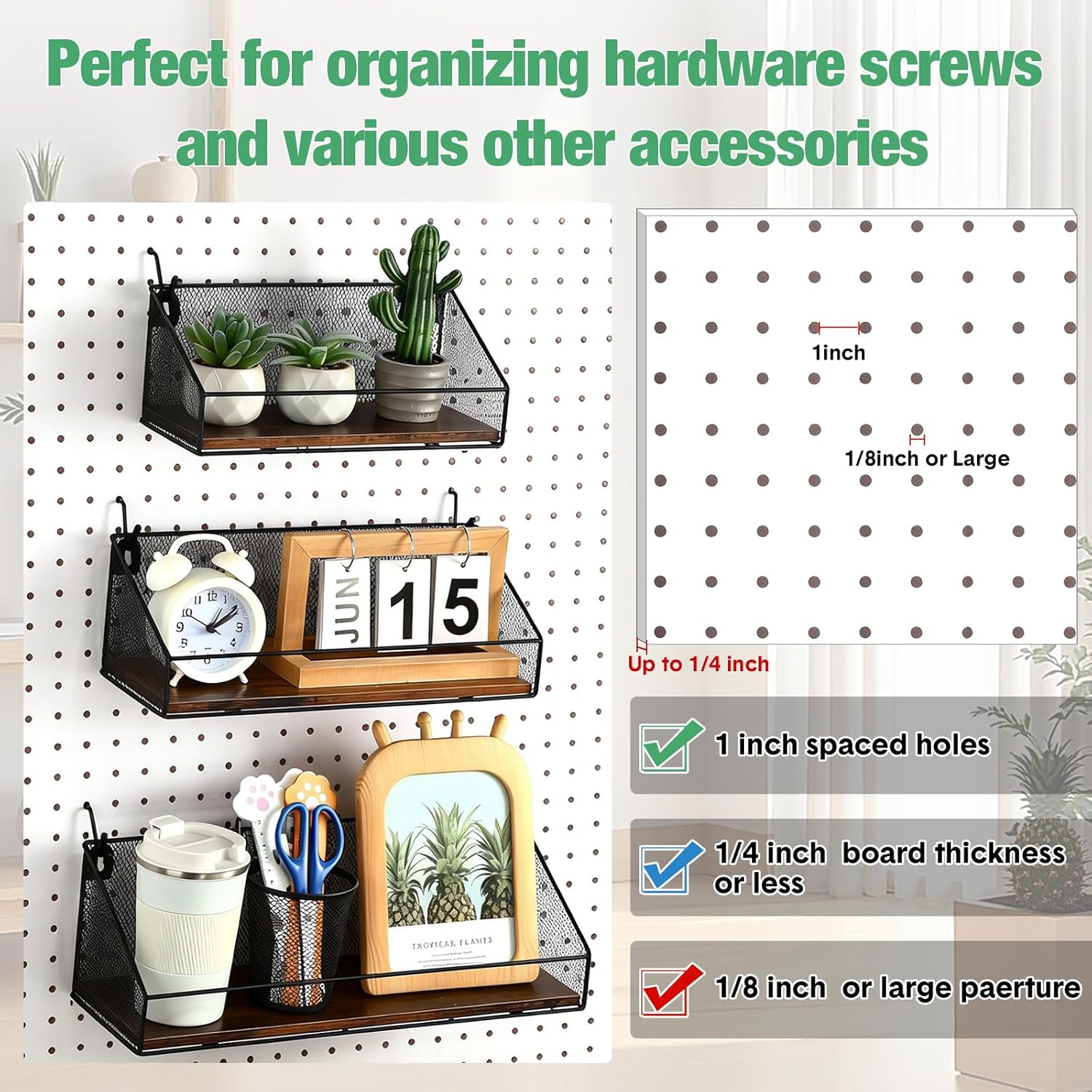3 Pack Pegboard Shelves with Hooks and Fences Wall Mounted Grid Baskets Tool Organizer Pegboard Storage Displaying Accessories for Kitchen Bathroom Living Room Bedroom(Black)