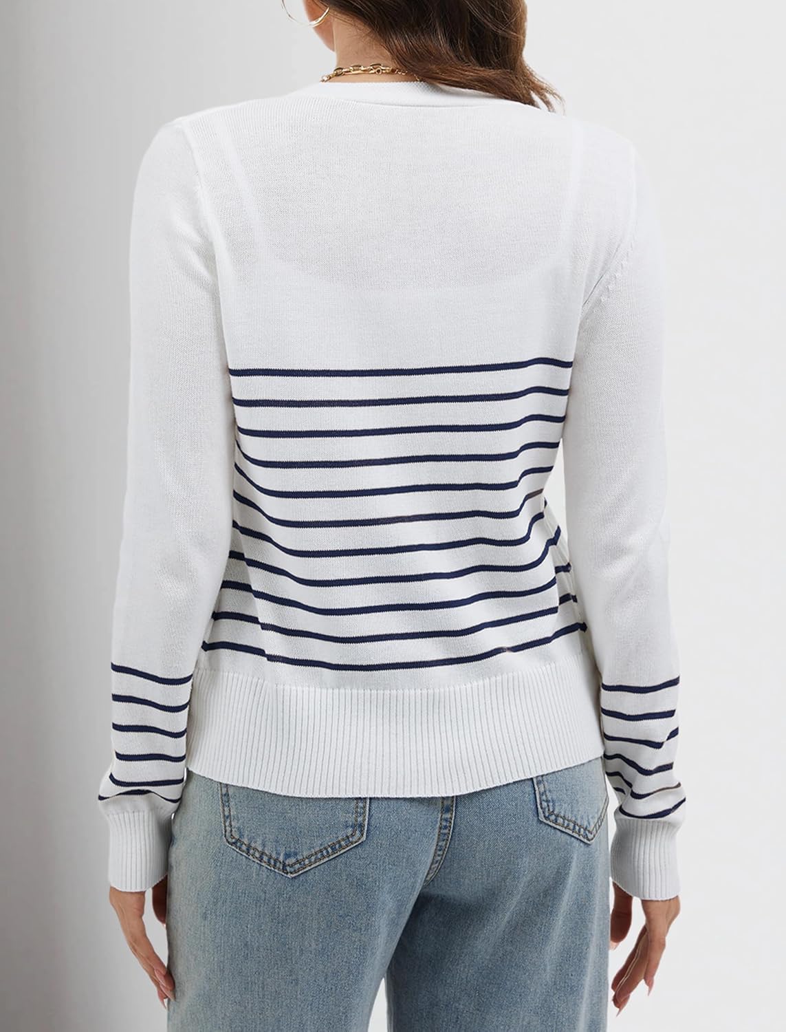 Women Striped Cardigan Sweaters Button Down V Neck Open Front Long Sleeve Knit Sweater Fall Trendy Lightweight Coat - Image 4