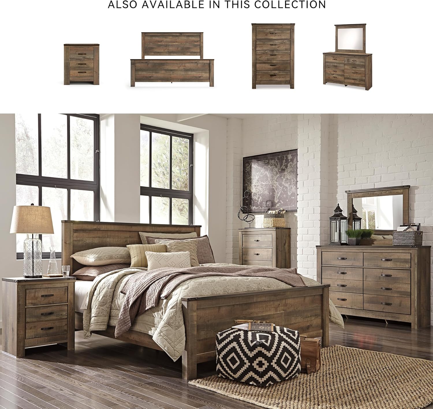 Signature Design by Ashley Trinell Rustic 2 Drawer Nightstand with USB Charging Stations, 29.65" Tall, Warm Brown