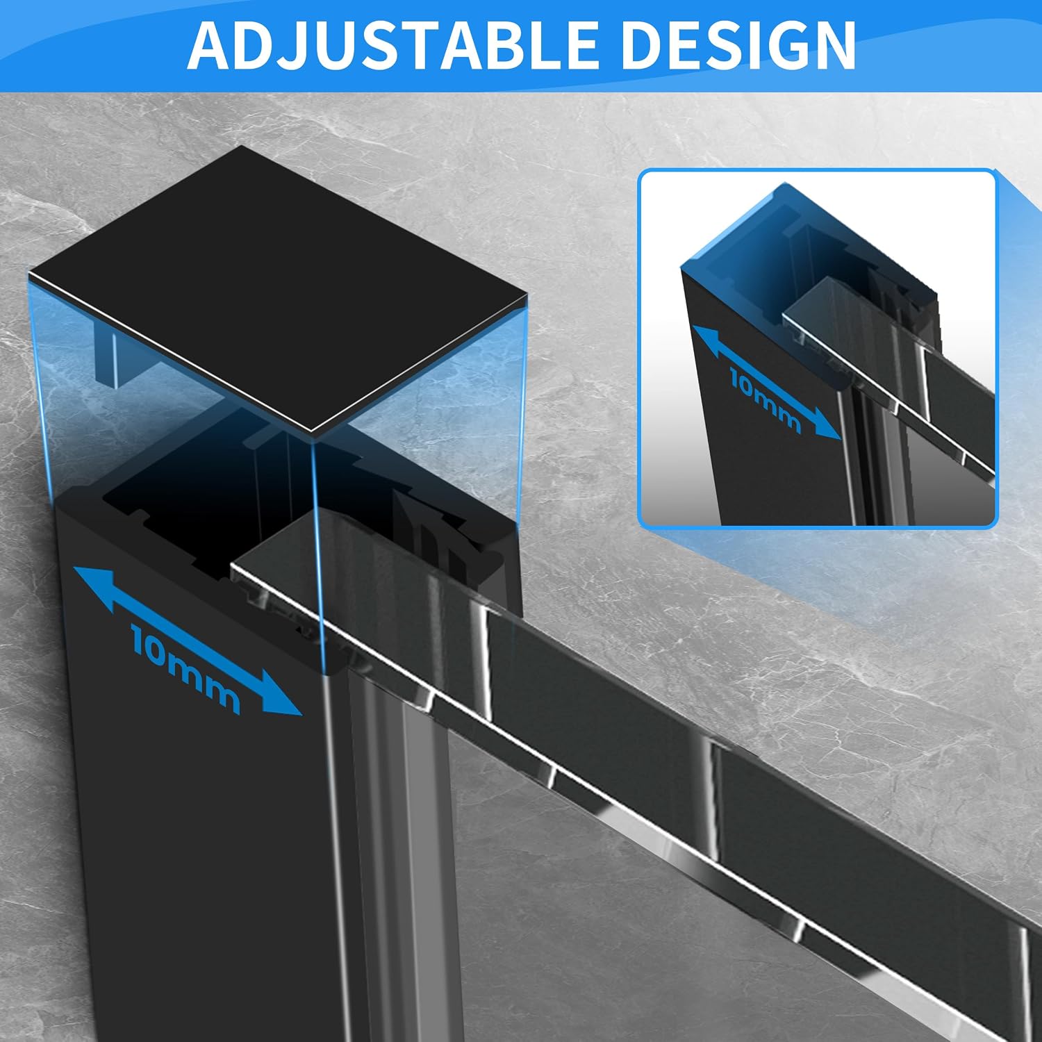 900 x 700mm Walk-in Shower Enclosure, AQUARA Shower Screen with 8mm Easy Clean Grey Toughened Glass, Black, Reversible, Support Bar Included