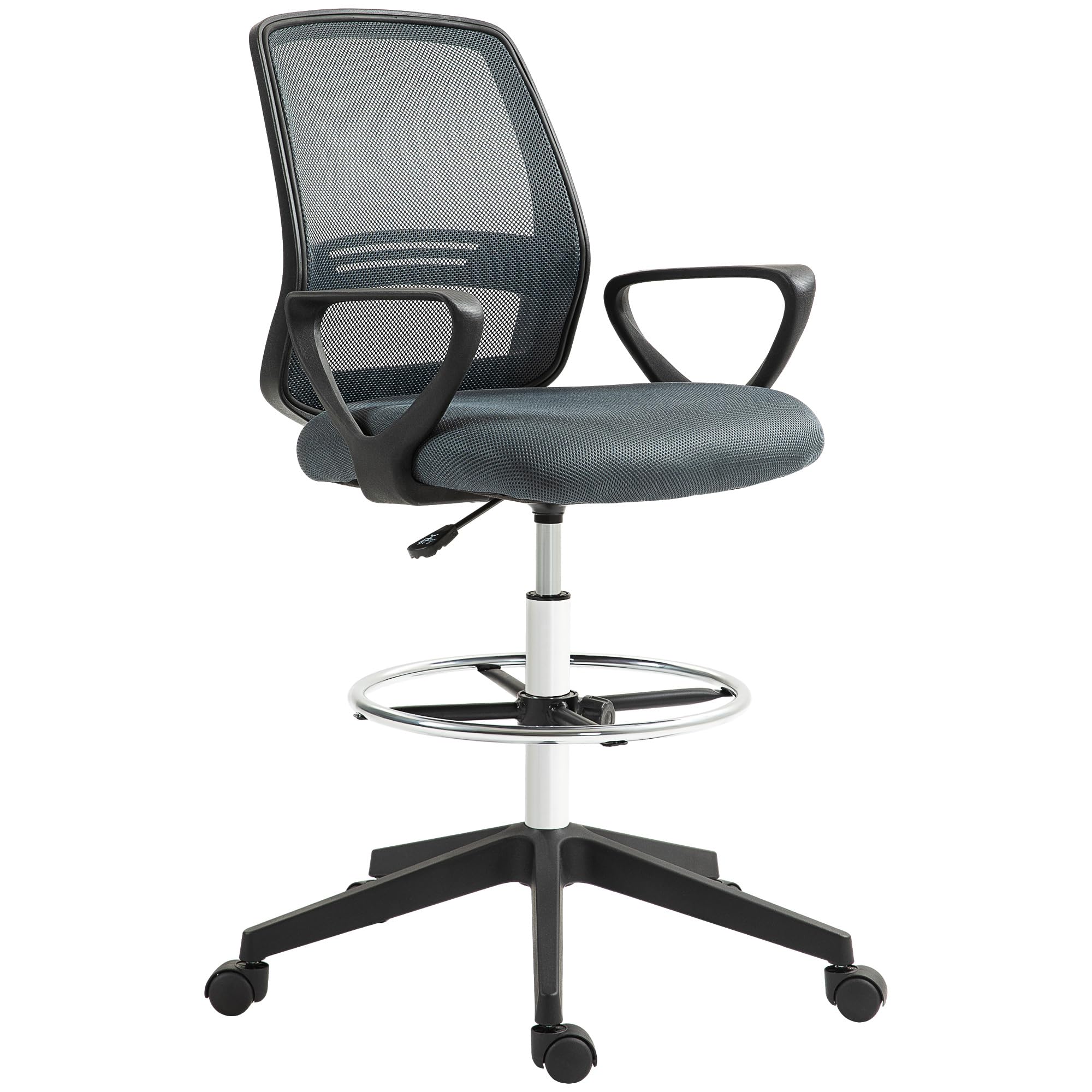 Vinsetto Bürostuhl Ergonomischer Schreibtischstuhl mit Armlehnen Grau | Verstellbarer Fußring, Höhenverstellbarer Drehstuhl, Netzbespannung
