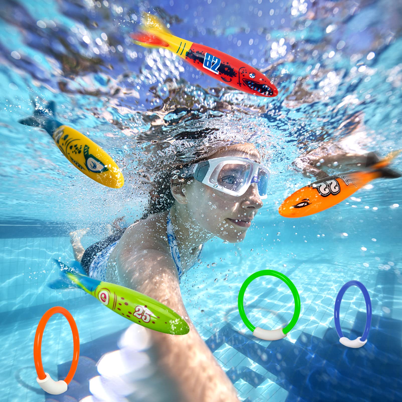 Underwater Pool Diving Toys, 8 Pcs Water Pool Toys for Kids Ages 4-8 8-12 Diving Rings and Pool Torpedo Set Training Dive Rings Swim Toys - Image 2
