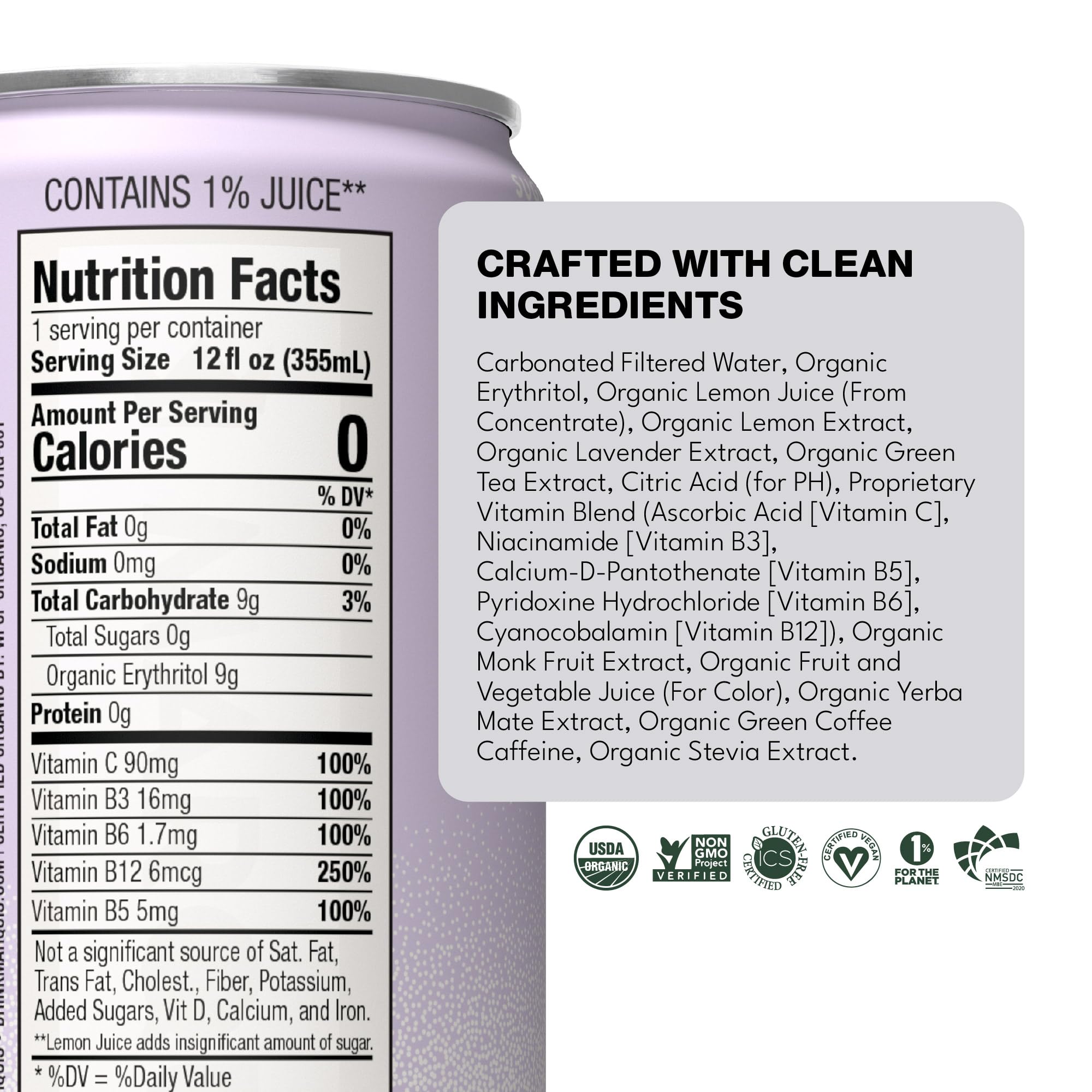 Marquis Natural Energy Drinks Sugar Free Zero Calories 100mg Organic Plant Based Caffeine Yerba Mate Green Tea & Green Coffee - Vitamin C & B - Lemon Lavender Healthy Energy Drink - 12oz Cans, 12 Pack