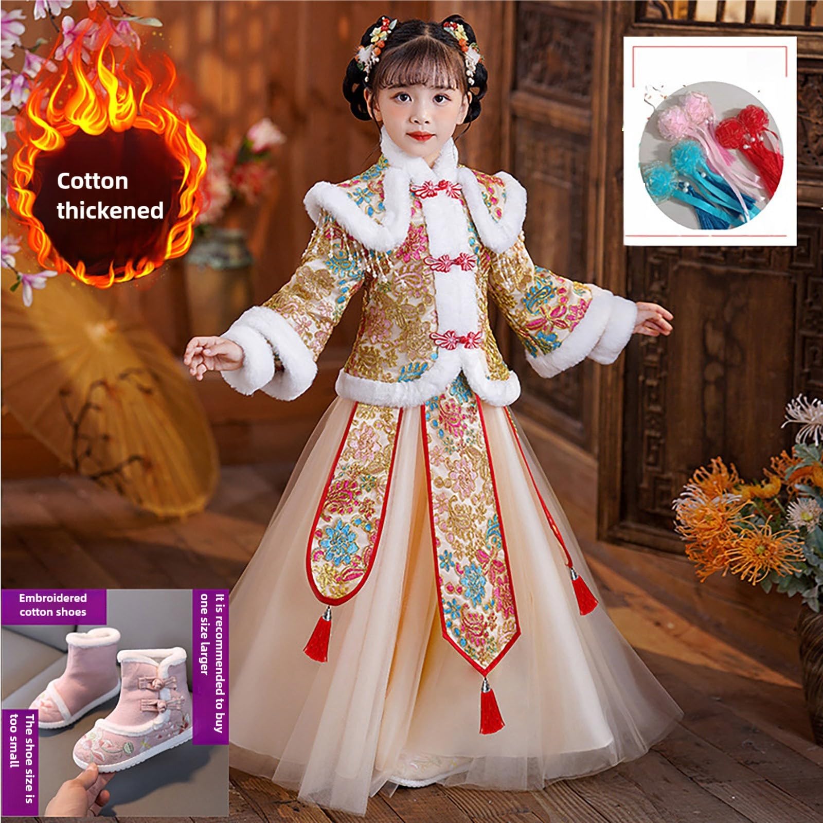 Vestido de Año Nuevo chino para niñas, vestido tradicional bordado, chaqueta de forro polar floral de punto con borlas, bonita falda de tul, elegante y estética, trajes chinos de moda