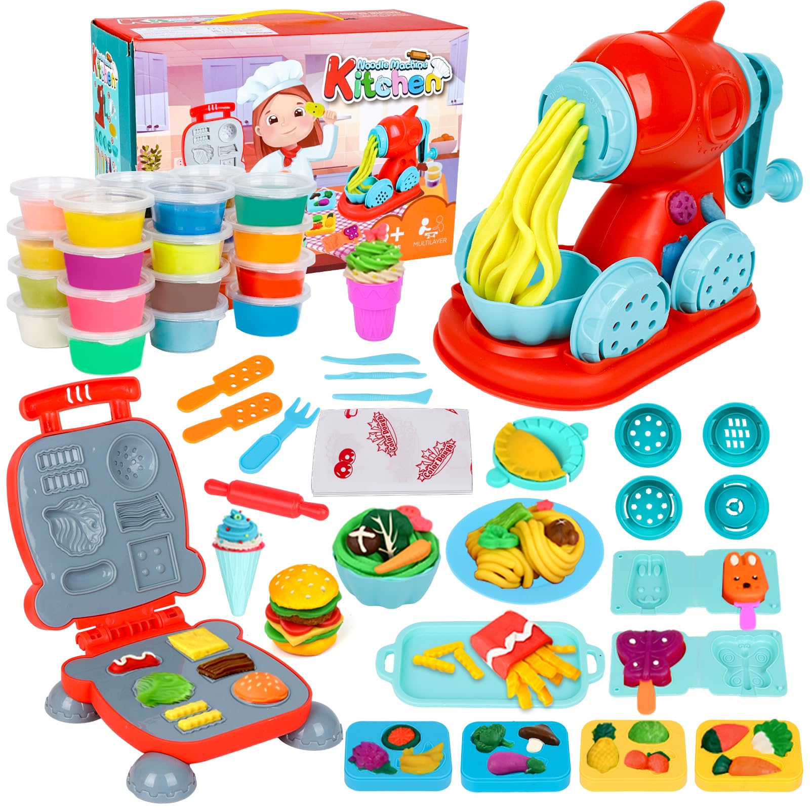 Dough Tools and Cutters, 51Pcs Dough Tools Noodle Burger Set with 24 Colors Dough, Modelling Clay Set, Kitchen Creations, Educational Toy Gift for Kids Ages 3+