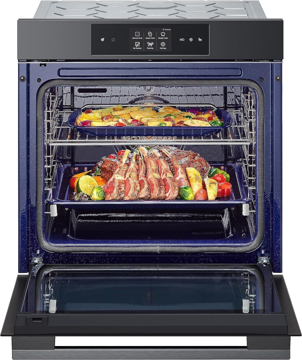 LG InstaView WSED7665B Four encastrable à vapeur, classe A++, 76L, 300°C, écran tactile 4,3", Air Fry, Sous Vide, Mode Pizza, Nettoyage EasyClean, Pyrolyse, Wi-Fi, Charnières amorties, Noir