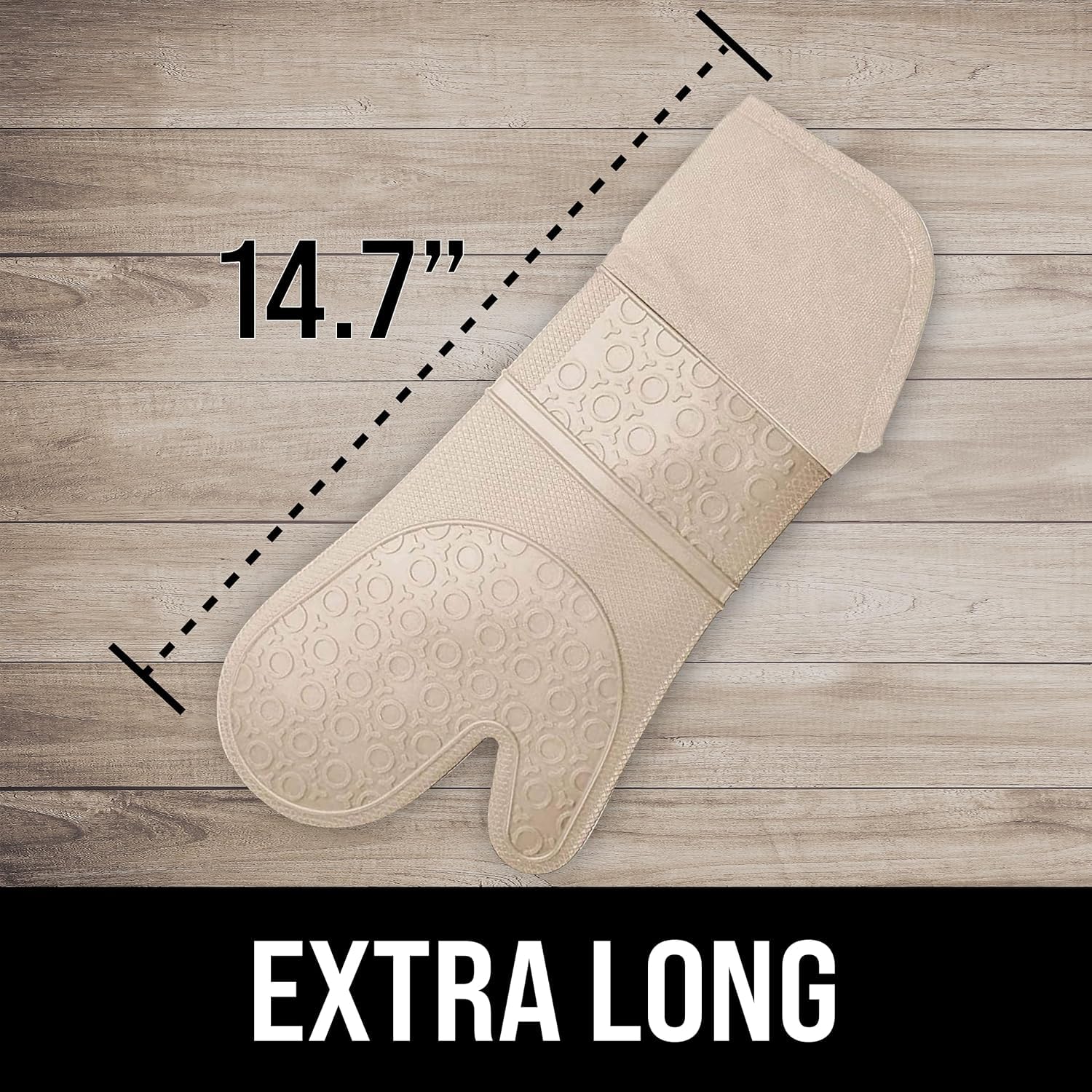 HOMWE - Manopla de horno de silicona profesional extralarga, guantes de horno con forro acolchado, resistentes al calor, guantes flexibles para horno, beige, 1 par, 14.7 pulgadas