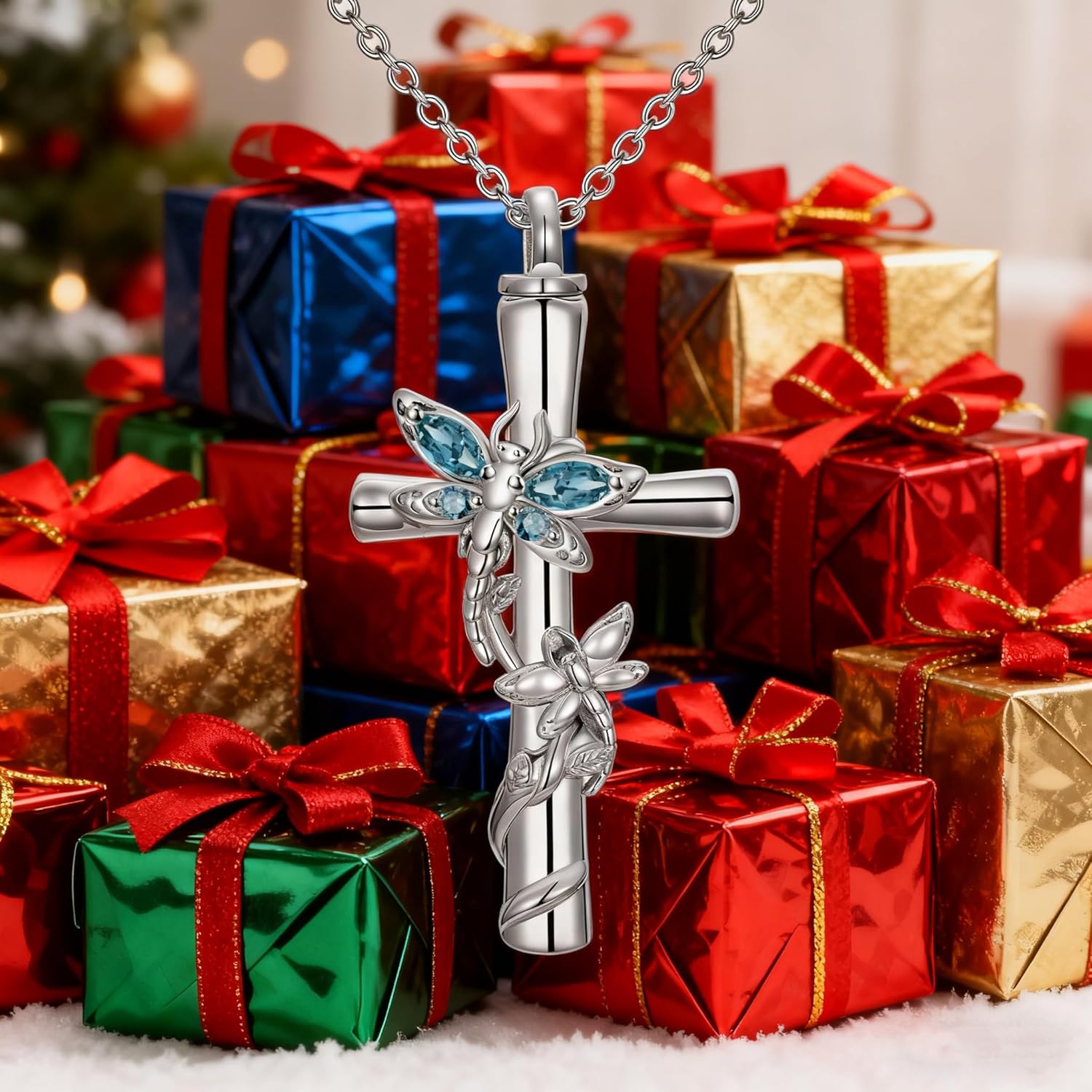 Dragonfly Cross Urn Necklaces for Ashes Women White Gold Plated S925 Sterling Silver Funnel Filler Memorial Cremation Jewelry with Birthstone Sympathy Valentines Day Gifts for Women Loss of Loved One - Image 2