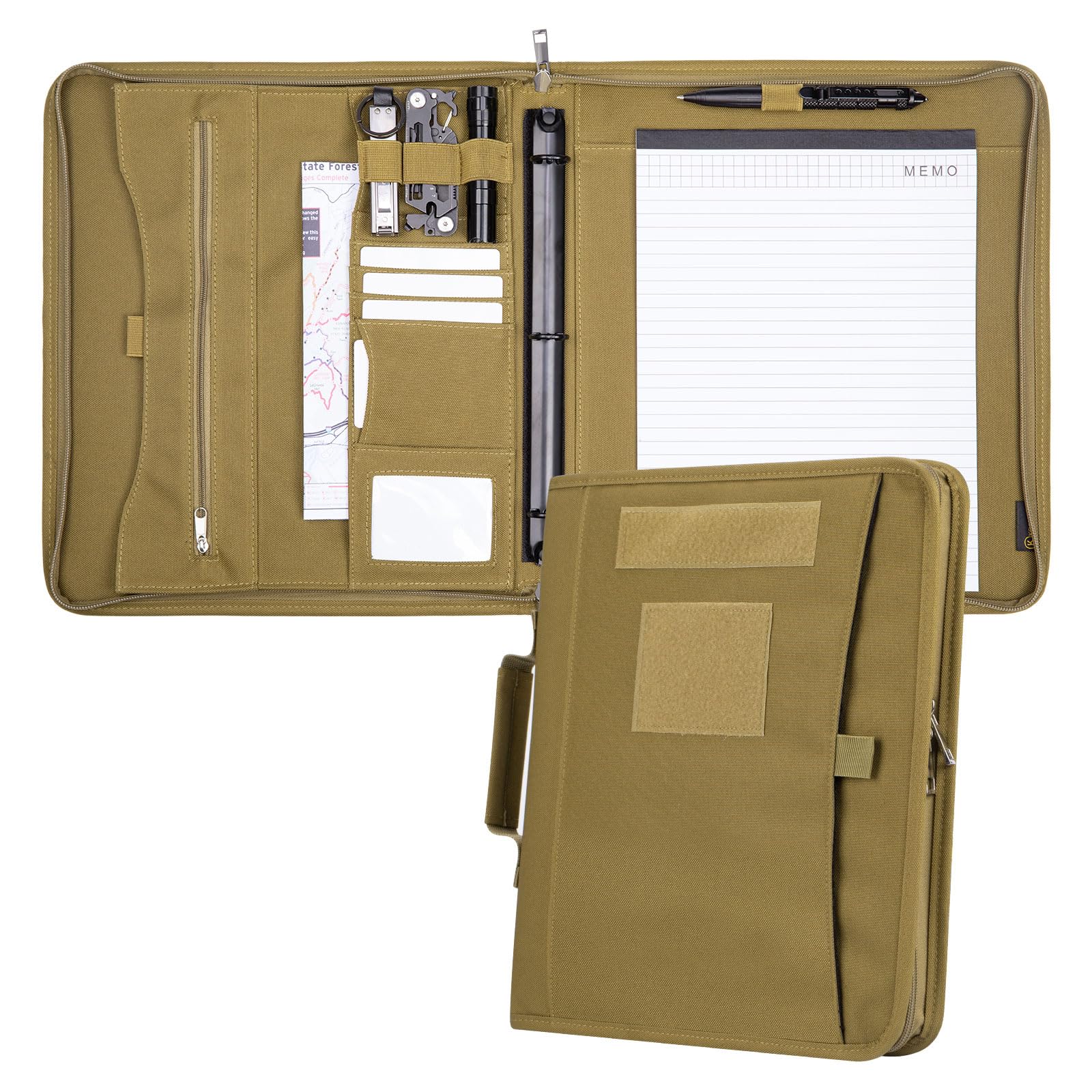 Kosibate Taktische Dokumentenmappe mit Reißverschluss und 25 Blatt Papier im Letter-Format, Notizbuchhülle, taktisches Notizbuch für Ordner, mit herausnehmbarem 3-Ring-Ordner (A4, Khaki, 34 x 29 cm)