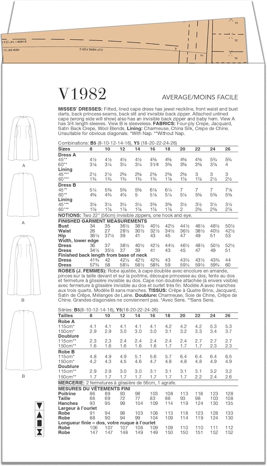 Vogue V1982B5 Misses' Fitted Cape Dresses Sewing Pattern Packet, Design Code V1982, Sizes 8-10-12-14-16