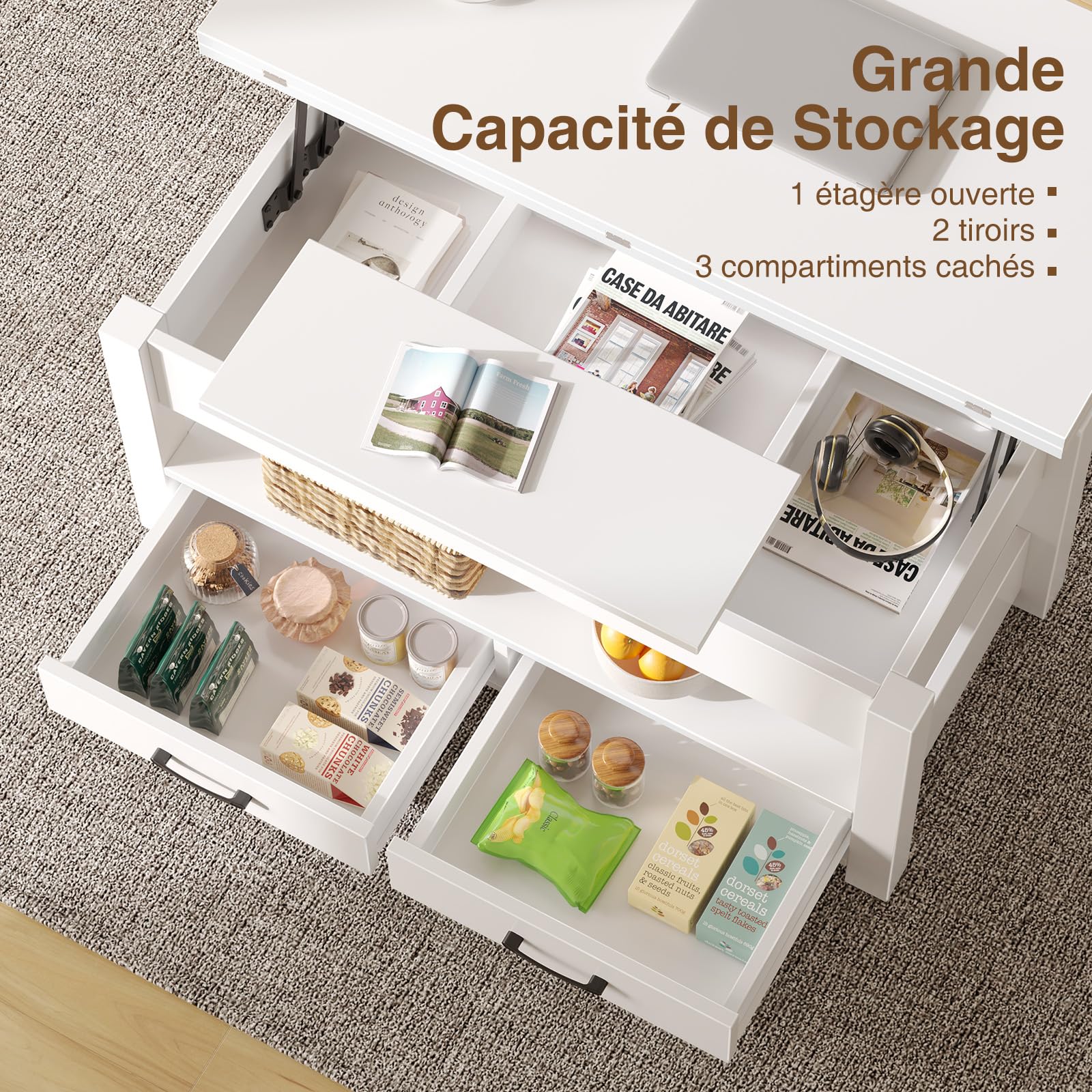Rolanstar Table Basse Relevable et Extensible en Bois – avec Tiroir, Rangement Caché et Compartiment Ouvert – Convertible en Table à Manger – Idéale pour Petits Espaces – Blanc
