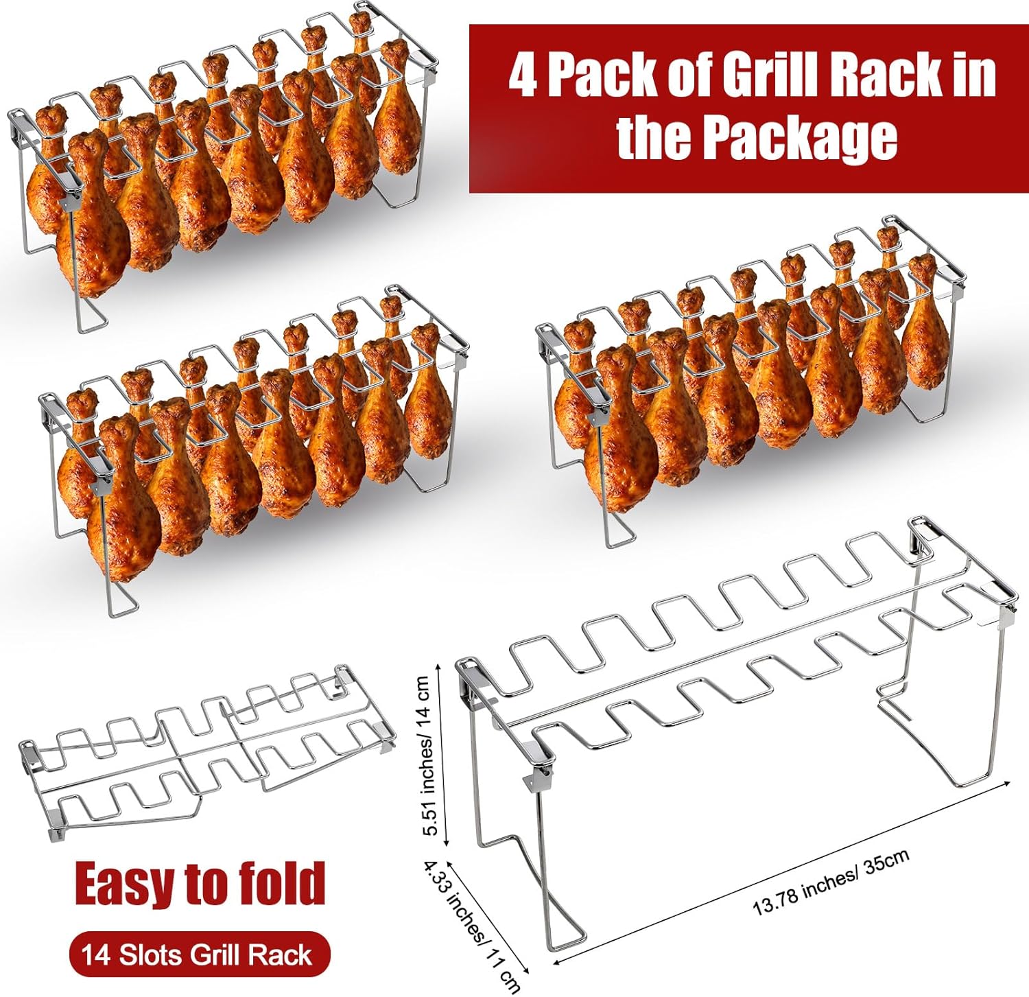4 Pcs Chicken Leg and Wing Rack for Grill 14 Slots Stainless Steel BBQ Chicken Drumsticks Holder Roaster Stand for Smoker Oven Charcoal Grill