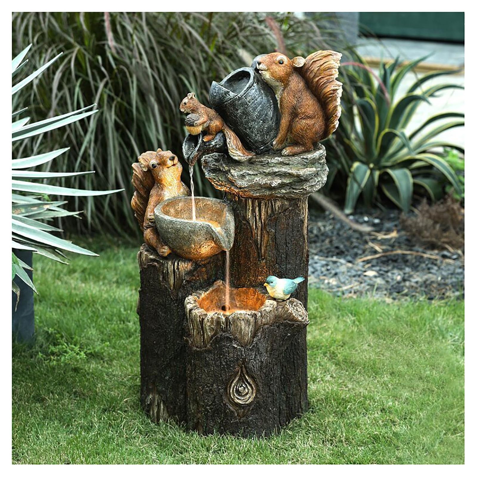 Solar Powered Water Feature Fountain - Outdoor Squirrel and Duck Garden Sculpture for Waterscape Decoration