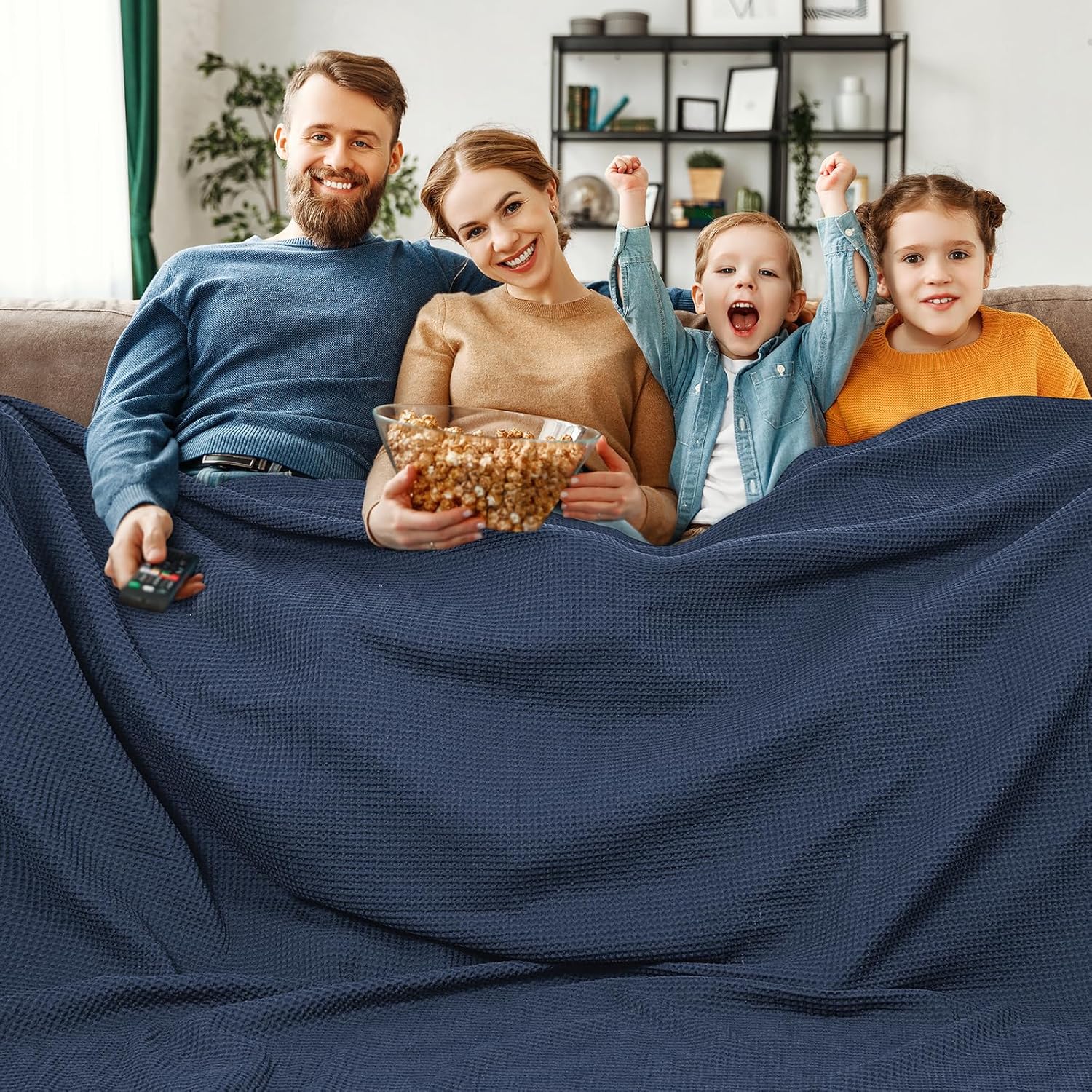 PHF Pre-Washed Cotton Waffle Weave Family Blanket,Oversized King Size 120"x 120"-Snag Proof Lightweight Breathable, 10'x 10' Huge Extra Large Big-Elegant Aesthetic Home Decoration Gift,Dark Navy