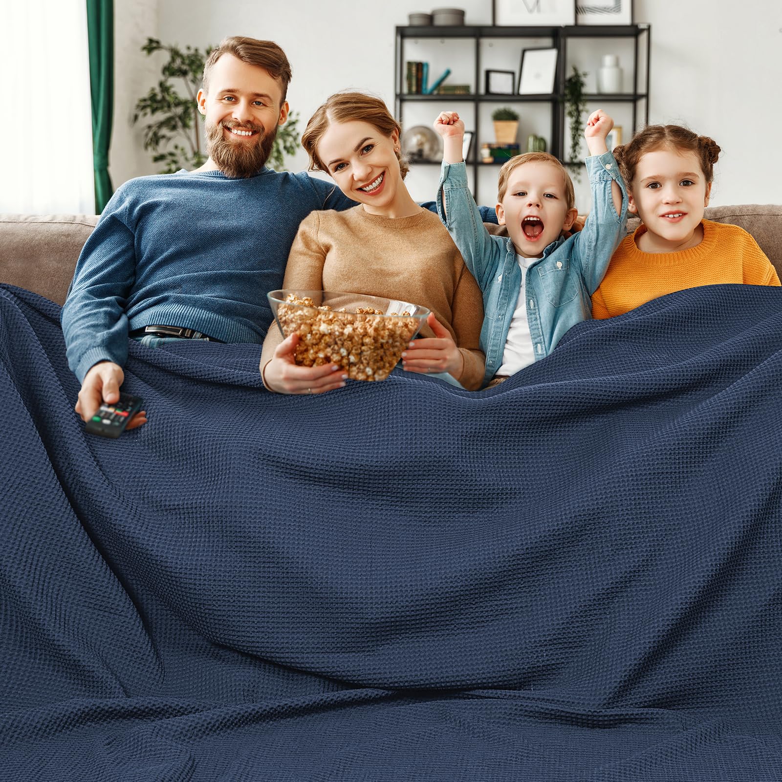 phf pre-washed cotton waffle weave family blanket,oversized king size 120"x 120"-snag proof lightweight breathable, 10'x 10' huge extra large big-elegant aesthetic home decoration gift,dark navy