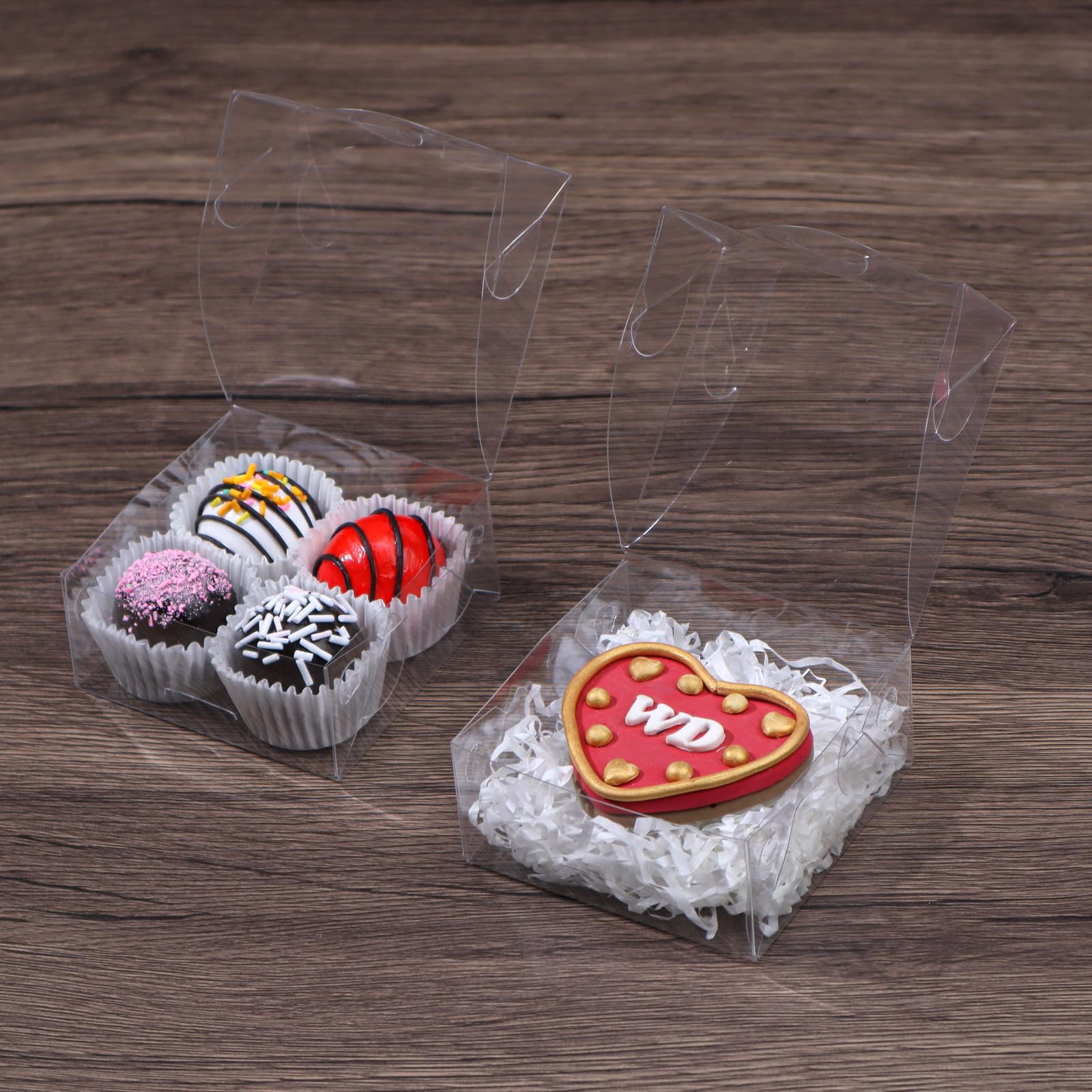 50 cajas transparentes de 3¼ x 3¼ x 1½ pulgadas, cajas de jabón, cajas de trufa de chocolate para 4, cajas de donas, cajas de macarrón, cajas de cerezas cubiertas de chocolate, mini cajas de