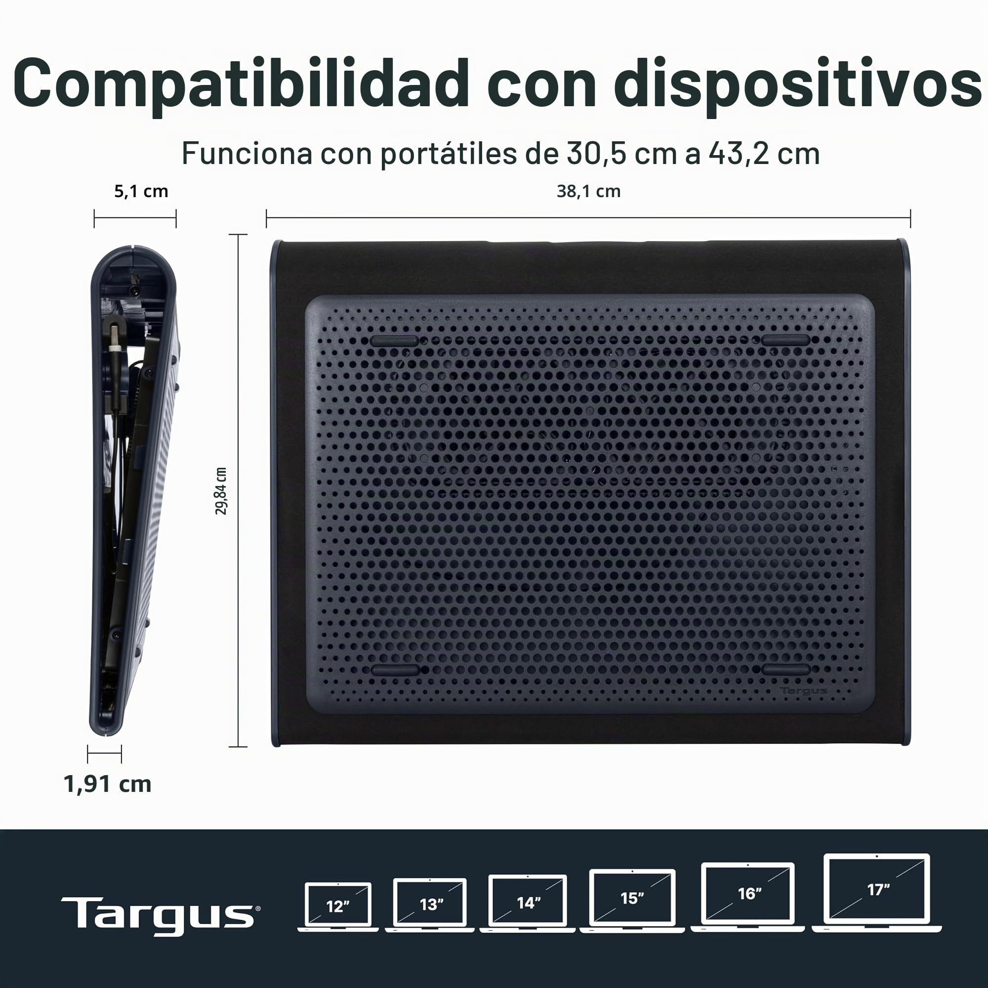 Targus Lap Chill Mat - Base de refrigeración (2.0, Negro, Gris, 383,54 x 304,8 x 55,88 mm, 1,2 kg, Neopreno)