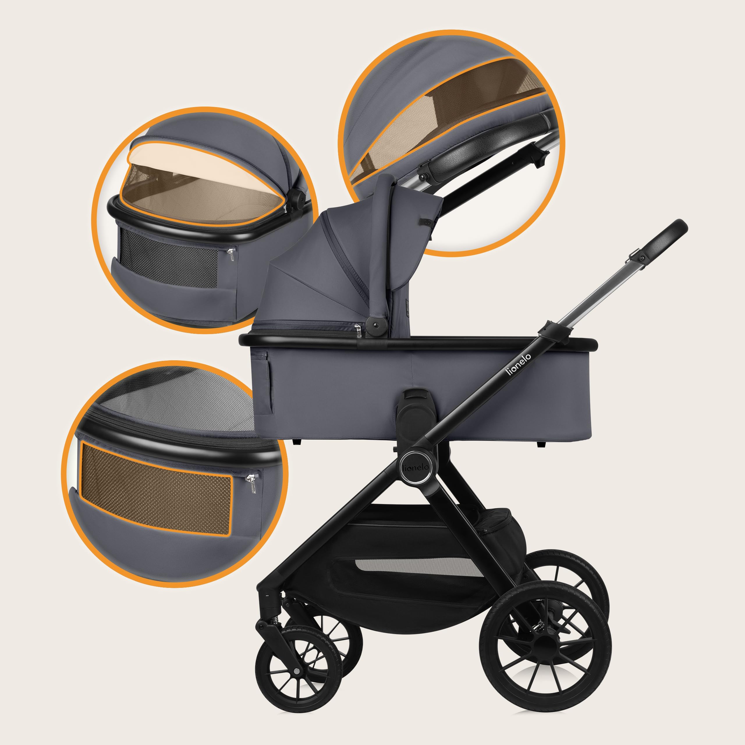 LIONELO LAYLA 2 w 1 Wózek Spacerowy Dziecięcy 0-48 miesięcy do 22 kg Gondola do 9 kg, Regulacja Oparcia i Podnóżka, AiryDots, Obrotowe Koła PU 360° Pełna Amortyzacja Budka XXL