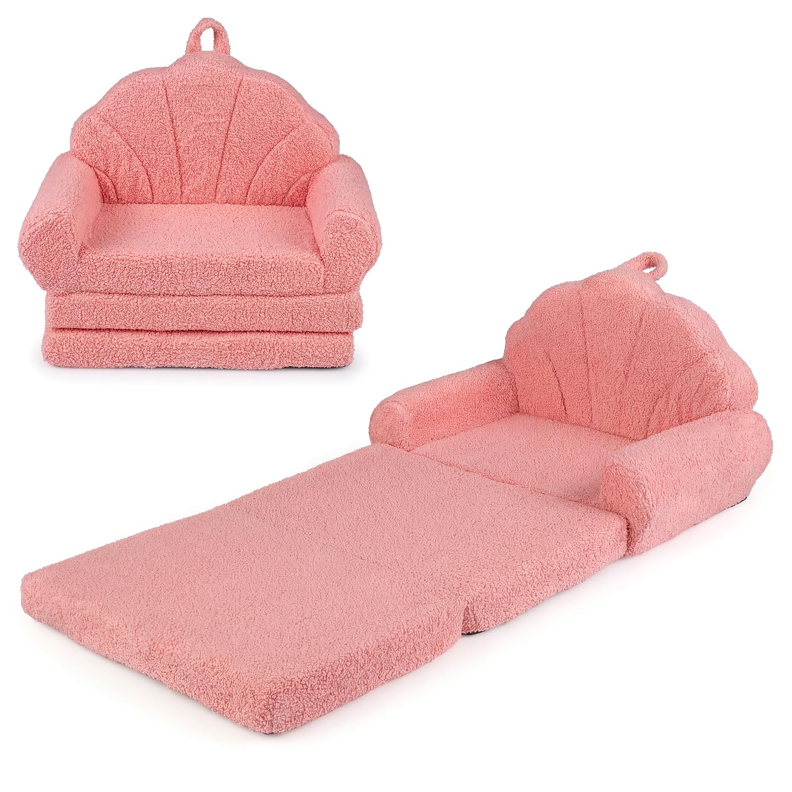 GOPLUS Canapé-Lit Enfant Pliable, Fauteuil Enfant Convertible en Forme de Coquillage, avec Accoudoirs, Poignée, Fauteuil Bebe Doux en Polaire Teddy pour Chambre Salle de Jeux (Rose)