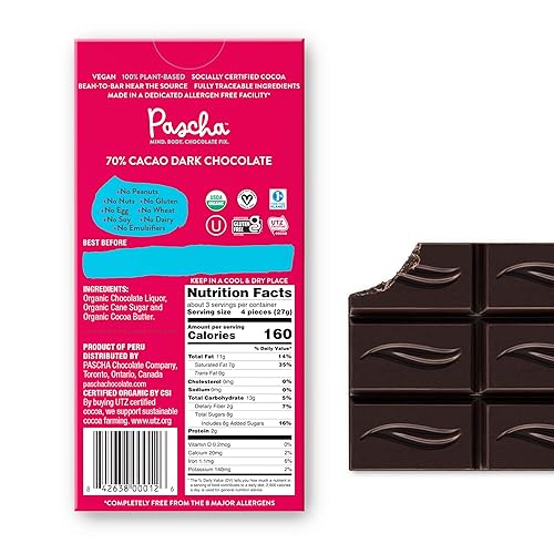 Miniatura 2 de Pascha Barras de chocolate negro orgánico, 70% cacao, UTZ, sin gluten, sin OMG, 2.82 onzas, paquete de 10