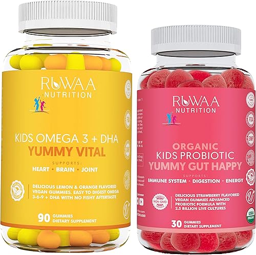 RUWAA NUTRITION Gomitas digestivas nootrópicas para niños con probióticos orgánicos, prebióticos y a base de plantas Omega 3,6,9 DHA