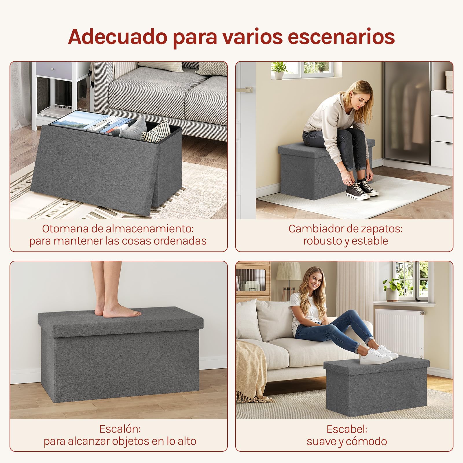 WOLTU Taburete Almacenaje Plegable, Baúl Almacenamiento, Taburete Puff Reposapiés para Sofá y Cama, con Tapa Extraible, Tapizado en Tela Polar Teddy, 80 L, 76x38x37 cm, Gris Oscuro