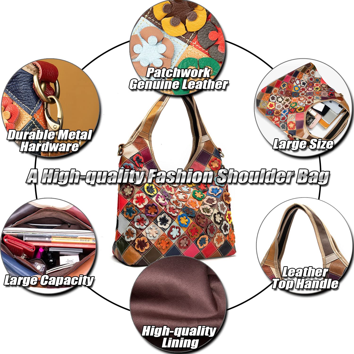 Bunte Patchwork Damen Handtasche, Stilvolle Echtleder Tote Bag Große Henkeltasche mit Top Griff, Mode Shopper, Casual Laptop Schultertaschen für Frauen