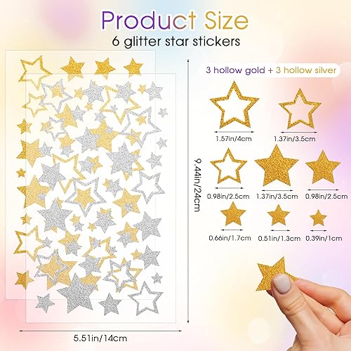 Miniatura 2 de 6 hojas de calcomanías de estrella con purpurina dorada, calcomanías de estrella pequeña de papel de aluminio para manualidades, libros,