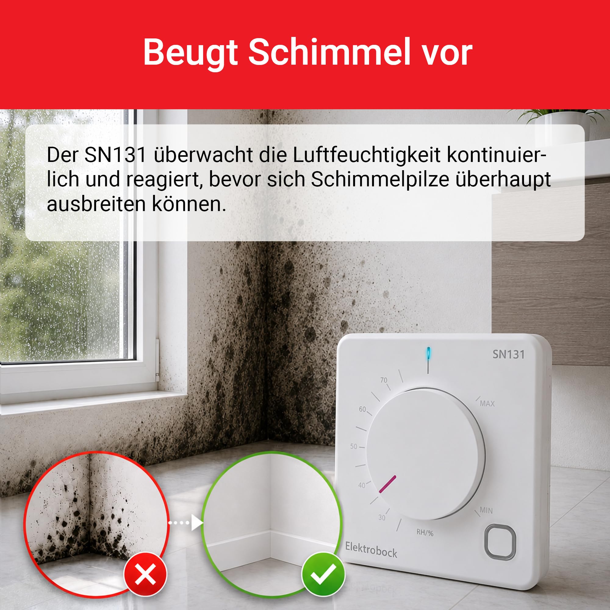 ELEKTROBOCK SN131-TR Capteur d'humidité pour contrôle Automatique du Ventilateur | Hygrostat pour Salle de Bain, Cave et buanderie | Protection Contre la moisissure et la Condensation | Commutation