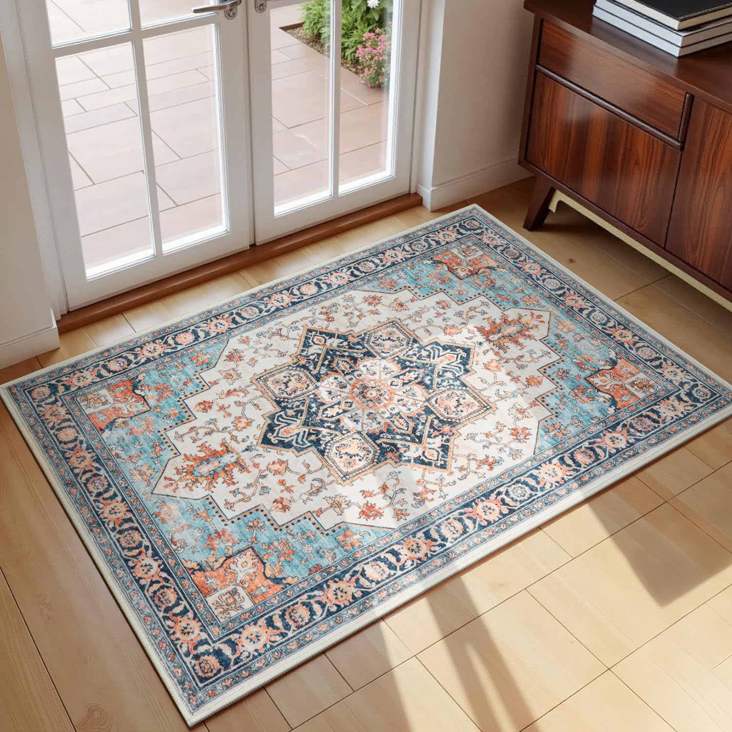 Washable 2×3 Small Area Rugs for Entryway Bathroom, Soft Kitchen Rug Non-Slip Carpet Indoor Door Mat for Floor, Vintage Boho Low Pile Rugs for Entry Bedroom Nursery Home Decor, Orange/Blue