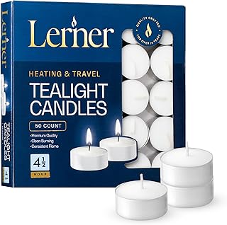 Lerner Tealight Candles, 50 Count| 4.5 Hours Long-Burning White Tea Light Candles| Non-Toxic, Smokeless & Soot-Free Tea Light Warmer Candles | Unscented Party, Décor, Shabbat Tea Candles