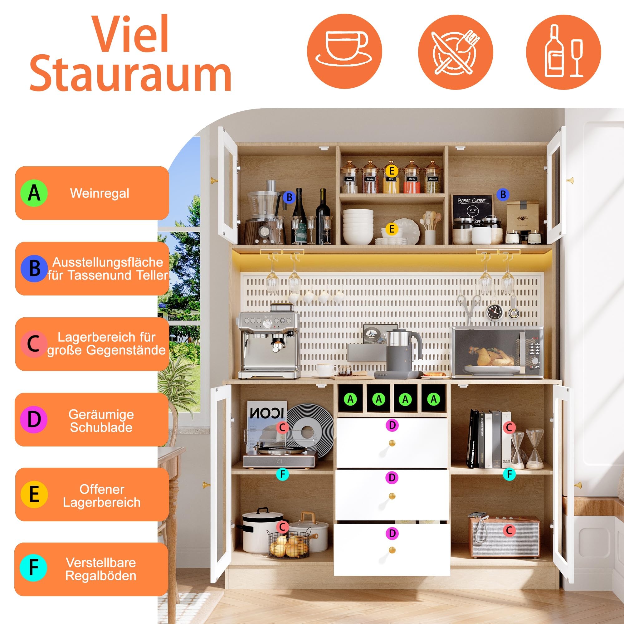 Hochschrank, Küchenschrank mit Smart LED Beleuchtung, fürs Wohnzimmer, Seitenschrank mit Weinregal und Kippsicherung, Verstellbare Einbauregale, Weiß