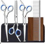 Bamlue 6 in 1 Professional Stainless Steel 4CR Safety Round Tip Dog Grooming Scissors, Anti-Rust Shears Cat Grooming Scissors Pet Kit, Thinning Straight Comb for Long Short Hair-Blue