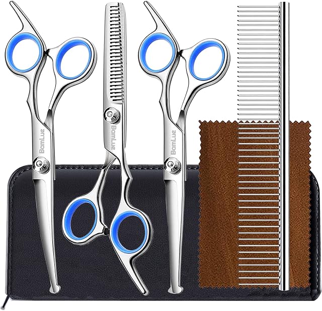 Bamlue 6 in 1 Professional Stainless Steel 4CR Safety Round Tip Dog Grooming Scissors, Anti-Rust Shears Cat Grooming Scissors Pet Kit, Thinning Straight Comb for Long Short Hair-Blue