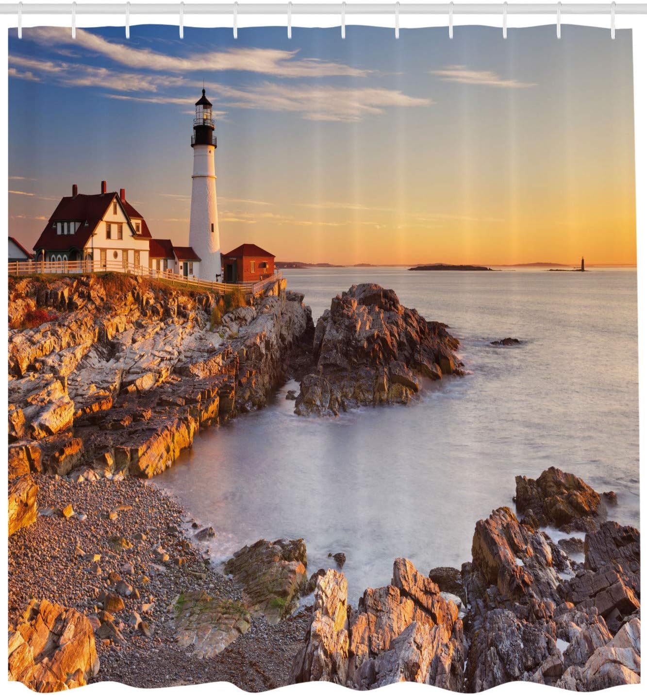 Ambesonne United States Shower Curtain, Cape Elizabeth Maine River Portland Lighthouse Sunrise USA Coast Scenery, Cloth Fabric Bathroom Decor Set with Hooks, 69" W x 70" L, Pale Blue Tan