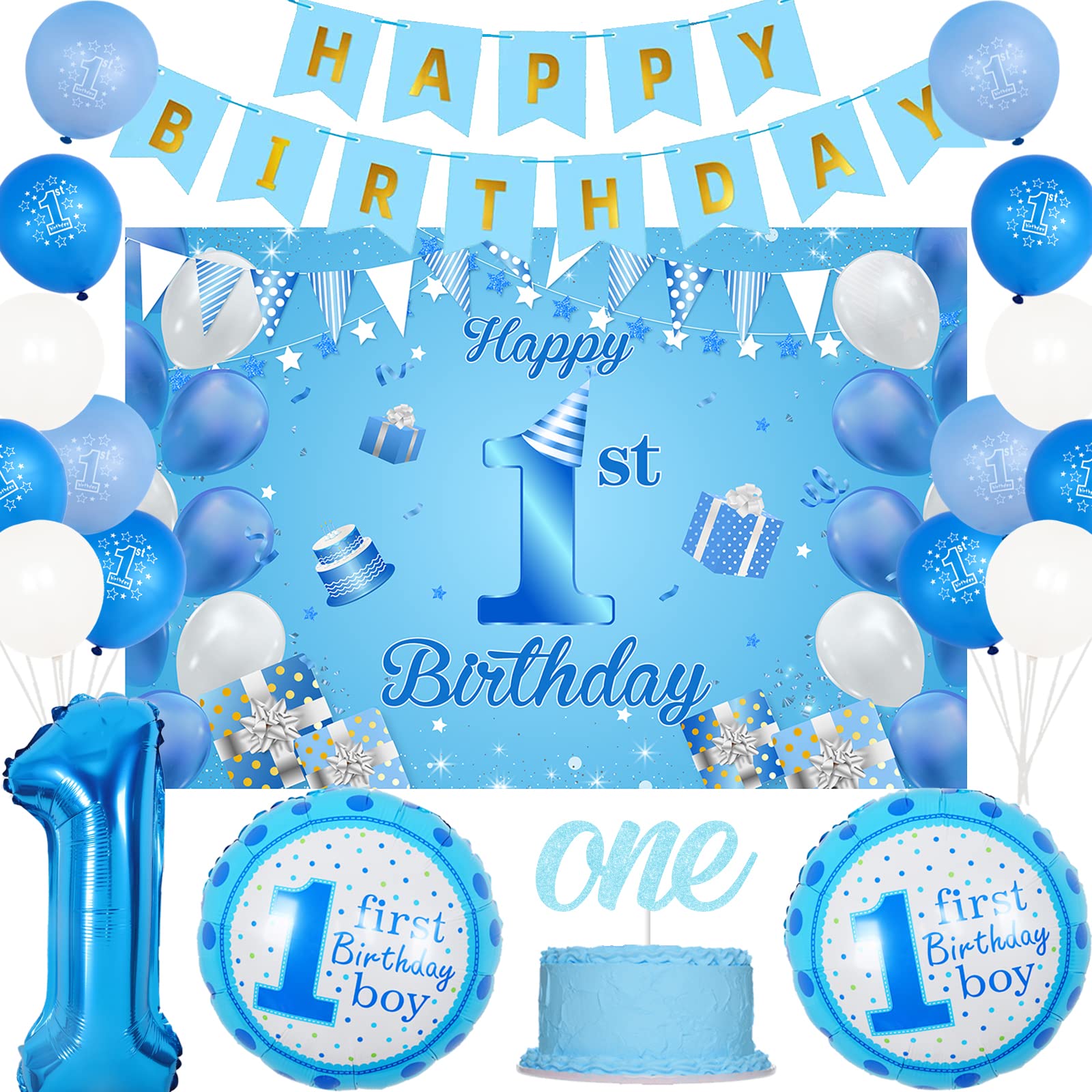 Fangleland 1st Birthday Decorations for Blue, Happy 1st Birthday Banner Backdrop Foil Balloons for First Bday Baby Shower Party Supplies