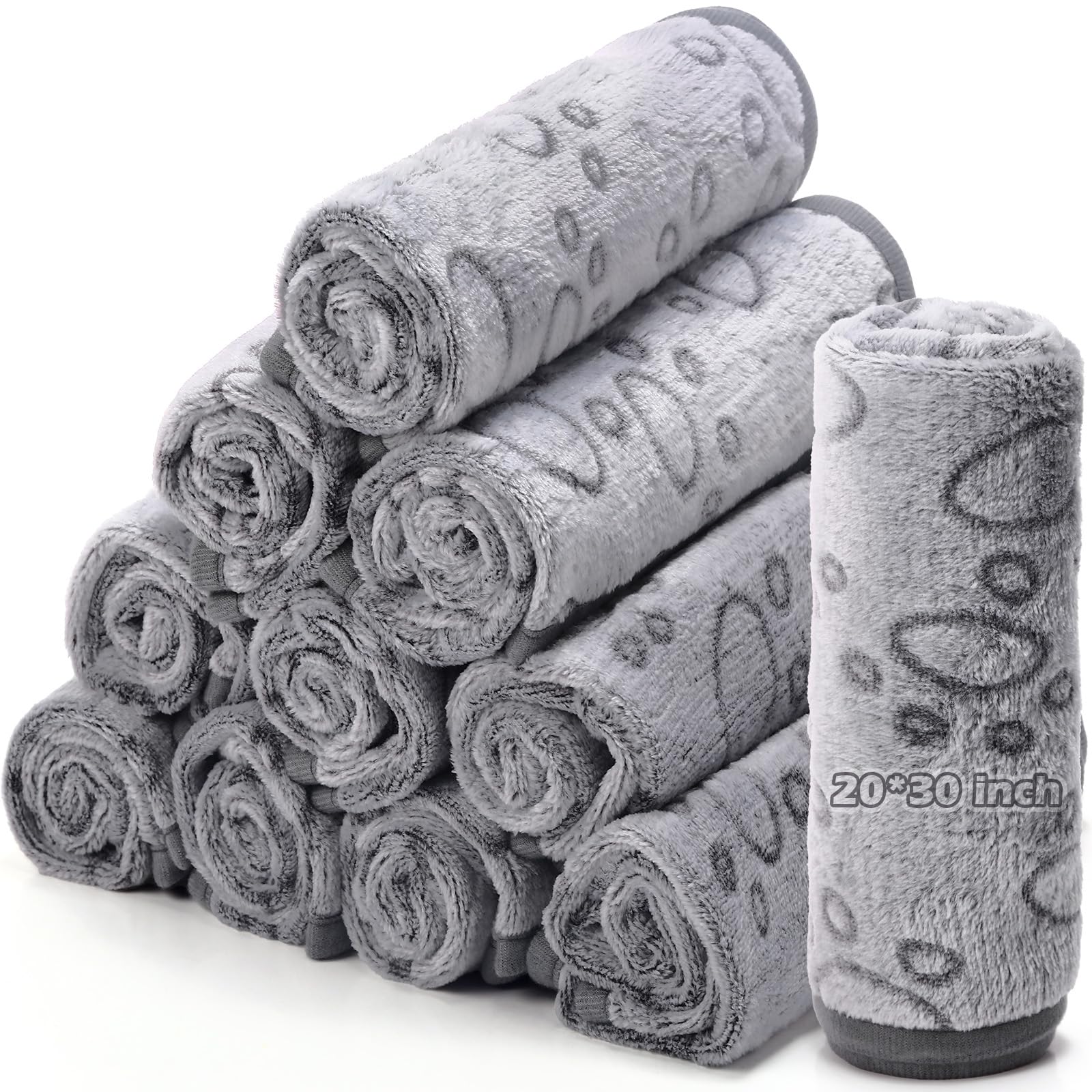 Tegeme 12 Pcs Pet Blankets Soft Fluffy Fleece Dog Cat Warm Paw Print Pattern Blankets Flannel Throw for Pets Dog Puppy Cat(30 x 20 Inch,Gray)