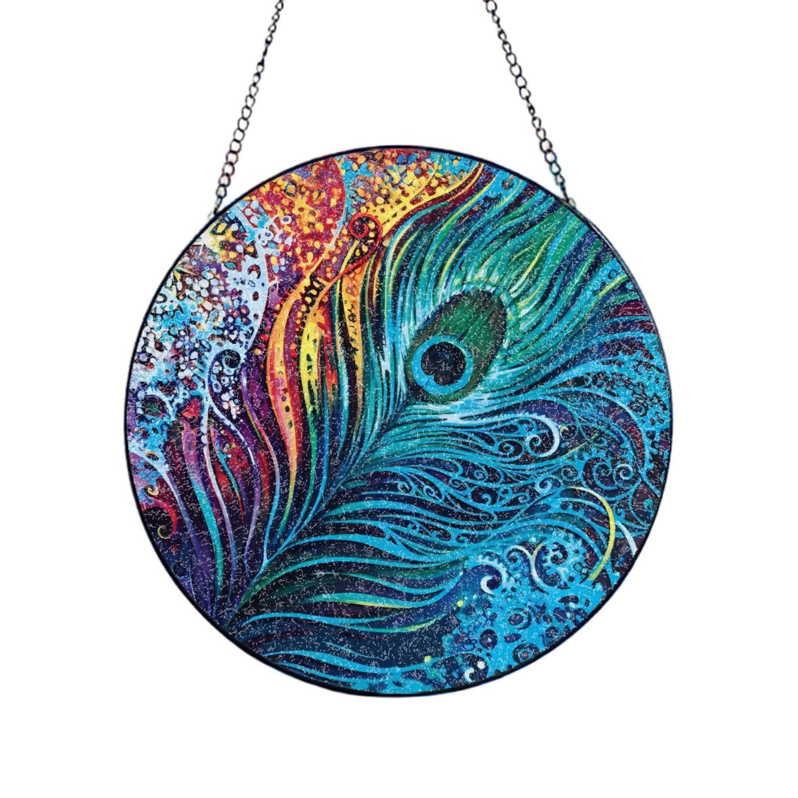 Phayah Colored Peacock Print Glass Window Hanging Round Suncatcher Glass Ornament Garden Wall Fence Decorations Indoor Outdoor 10in（25cm）