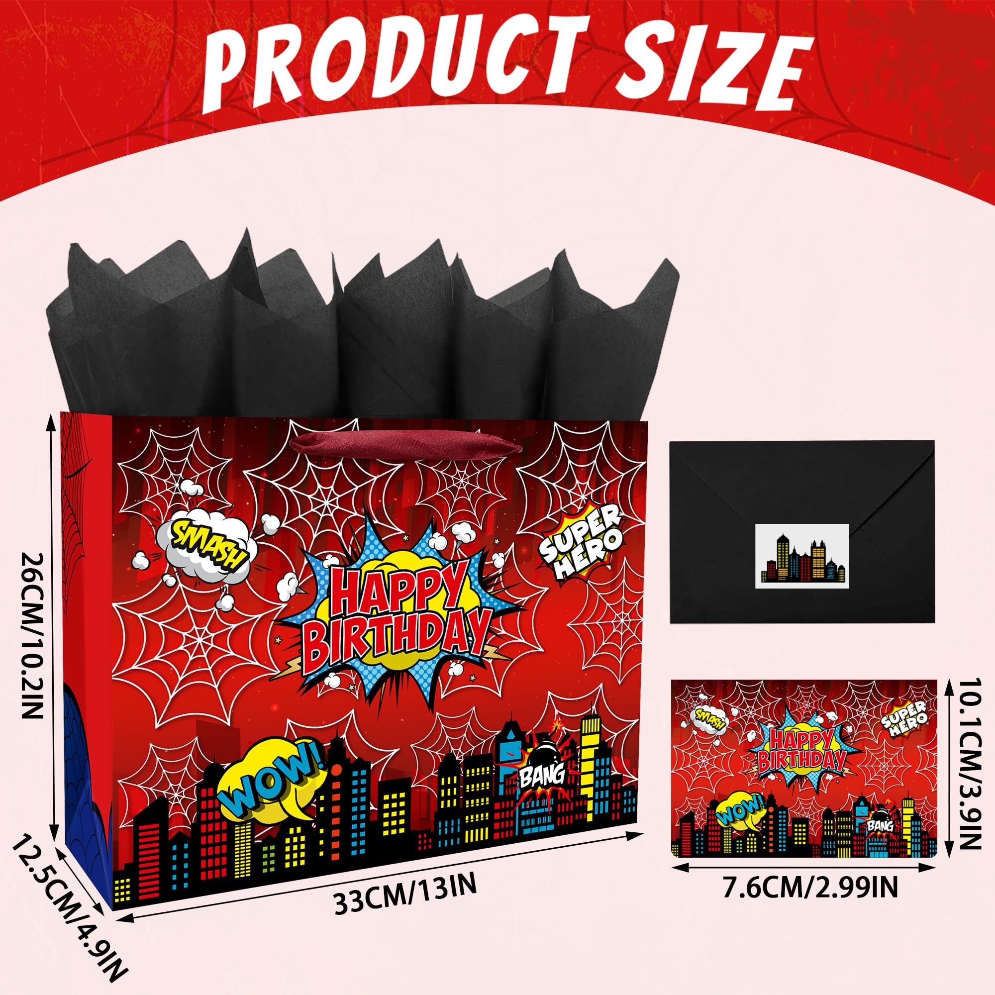 Caoekego 13" Large Spider Gift Bag (includes cards, colored paper, and stickers), Superhero Tote Gift Bag, Cartoon Spider Birthday Party Supplies