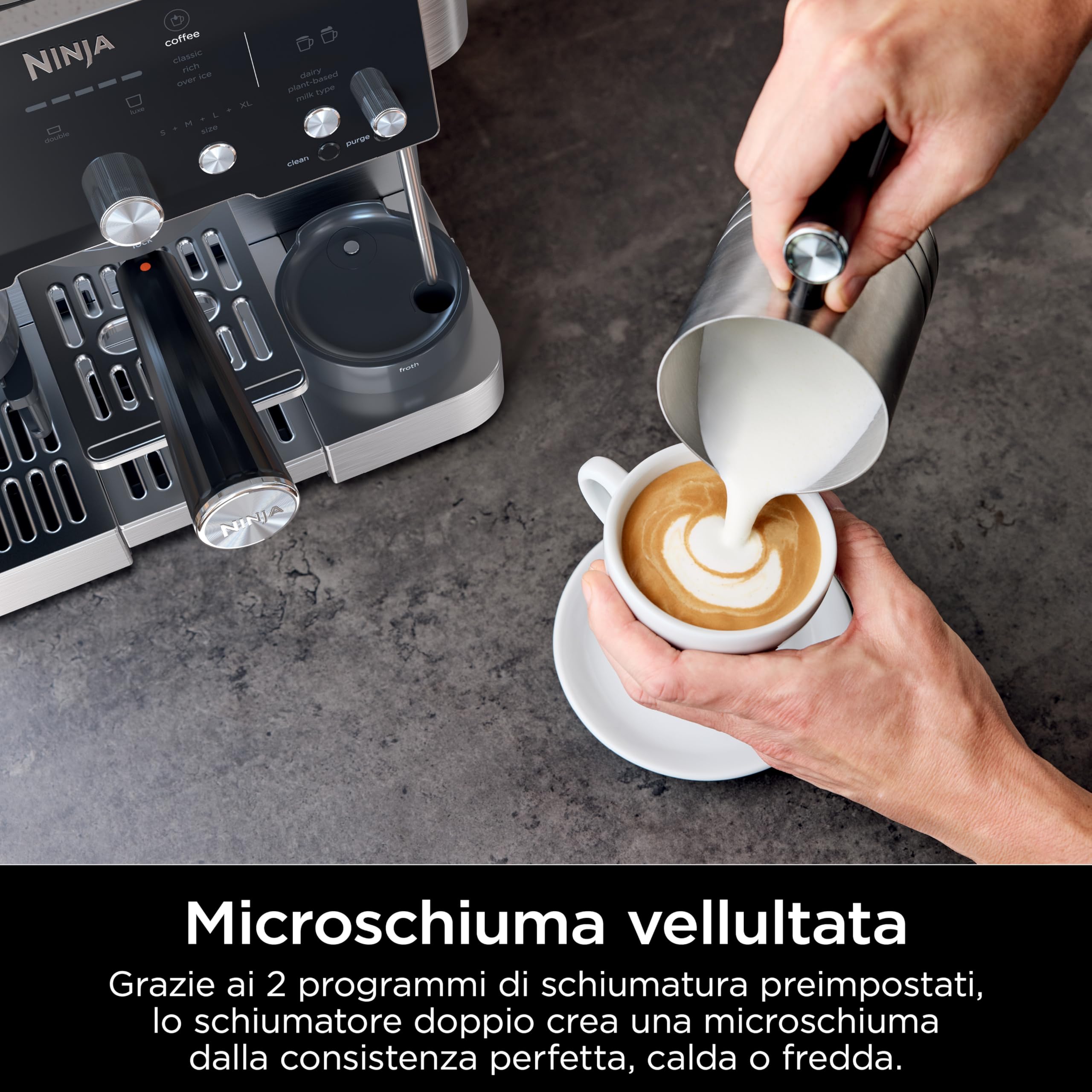 Ninja Luxe Essential Macchina da Caffè 2 in 1, Macchina per Latte, Cappuccino ed Espresso con Macinacaffè Integrato e Montalatte, Facile da usare, 2 Programmi Automatici per Schiuma, Argento, ES501EU