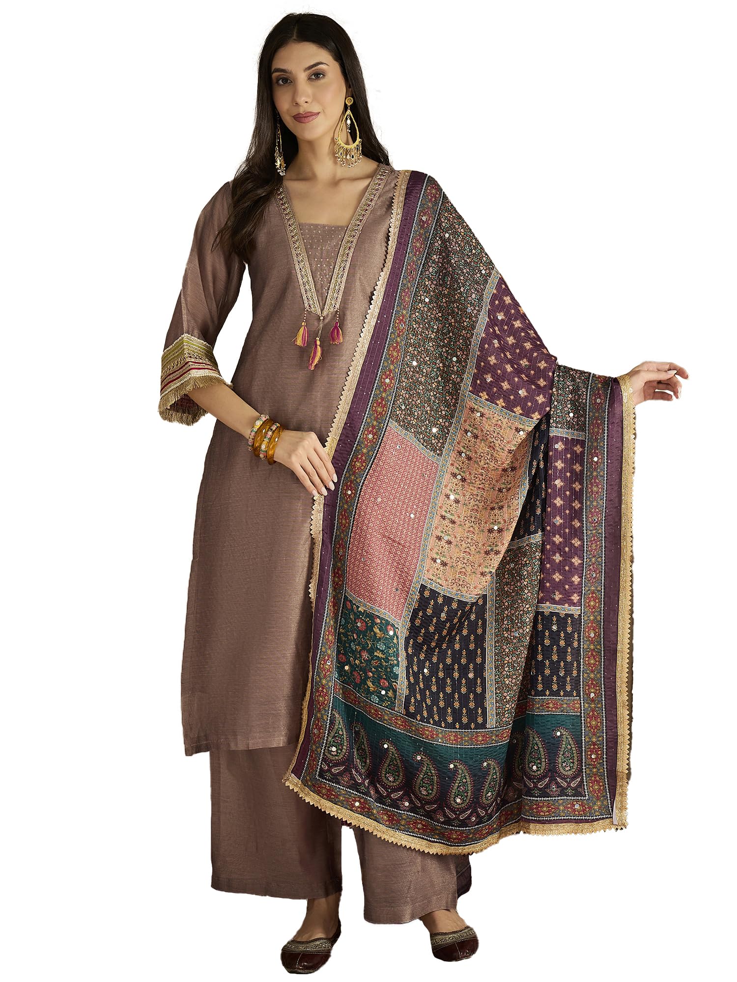 Women Elegant Three-Piece Set Featuring A Shimmer-Detailed Grey Kurta, Solid Ankle-Length Trousers, And An Embroidered Net Dupatta—Perfect For Festive Occasions.-image-43