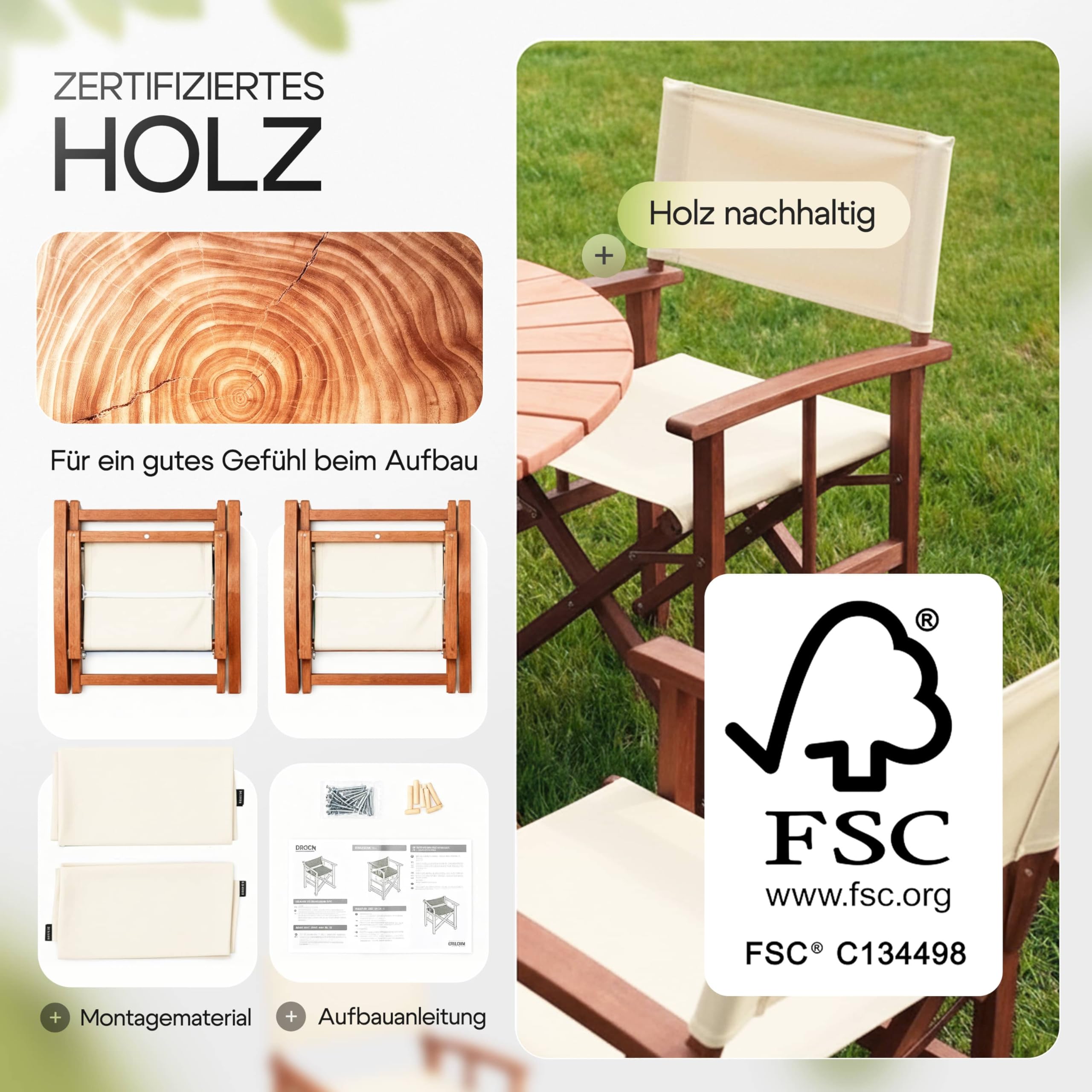 CASARIA® Silla de Director Plegable Set de 2 Madera de Eucalipto Certificación FSC® con Reposabrazos Carga hasta 160 kg Funda Lavable Altura Asiento 46 cm Exterior Jardín Balcón Camping