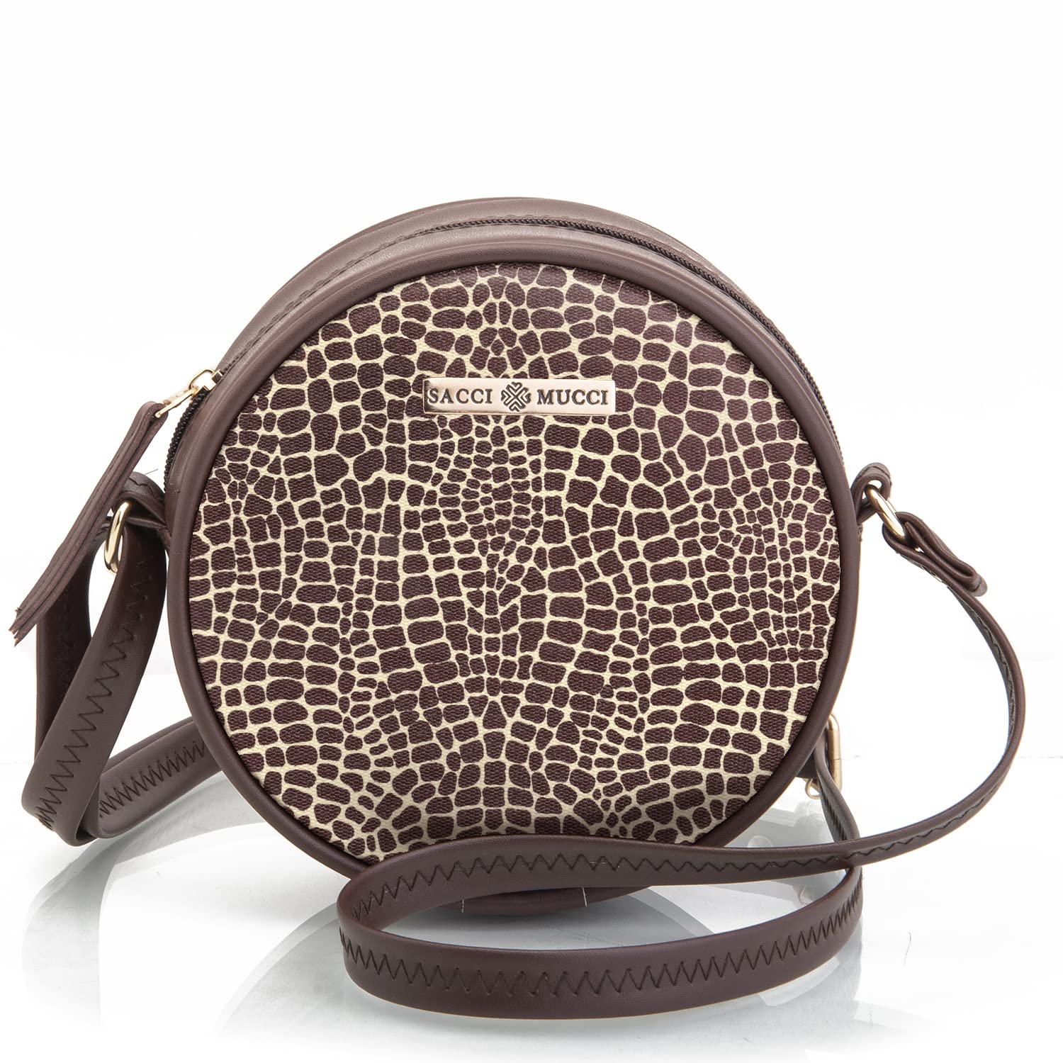 SACCI MUCCI Womens Round Sling/Crossbody Bag | Beautiful Print Vegan Leather Purse With zip Pocket Inside - Alligator Print(Brown) (B0C1ZGM9FK) Amazon Price History, Amazon Price Tracker