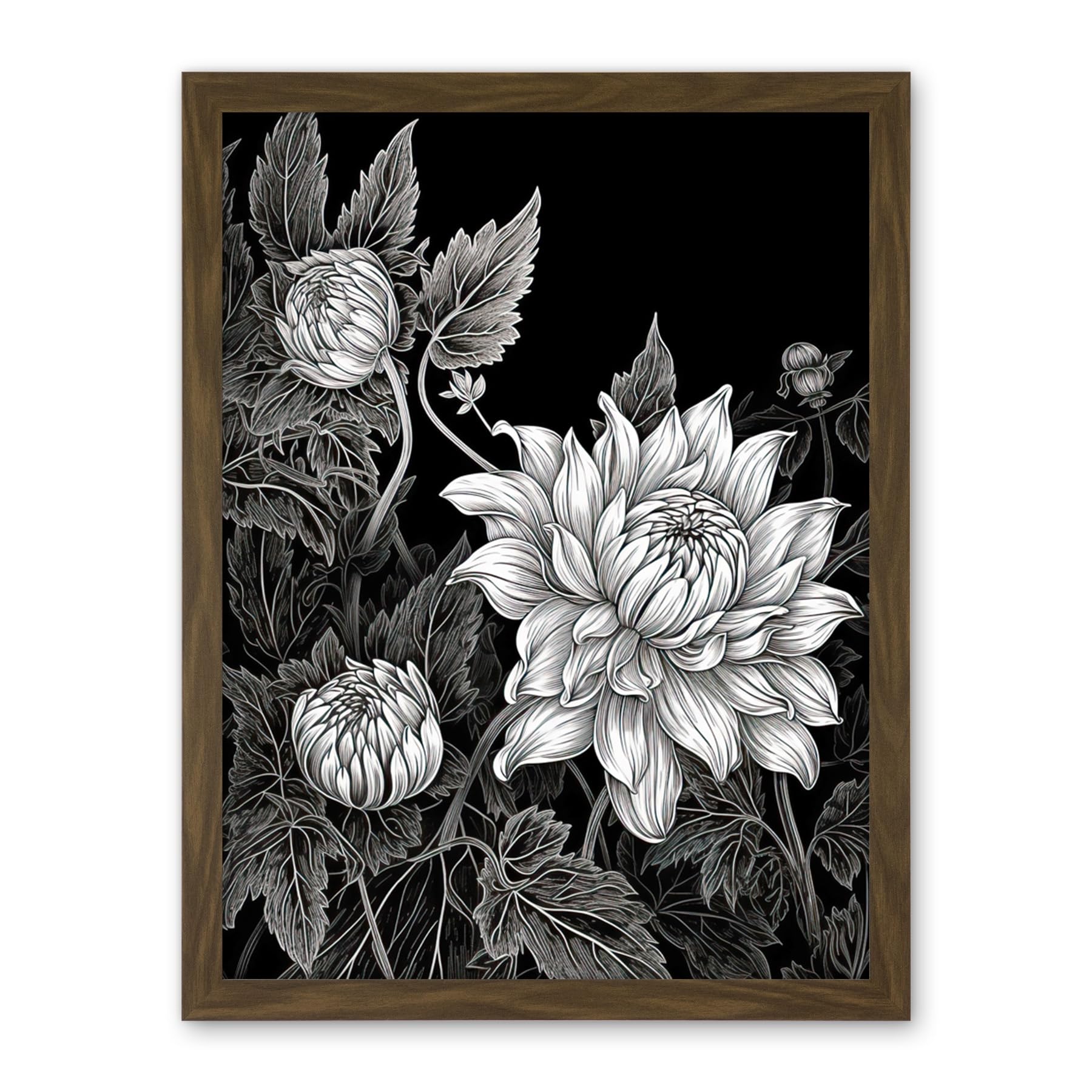Artery8 Detailed Black and White Dahlia Flower Blooms Artwork Framed Wall Art Print 18X24 Inch