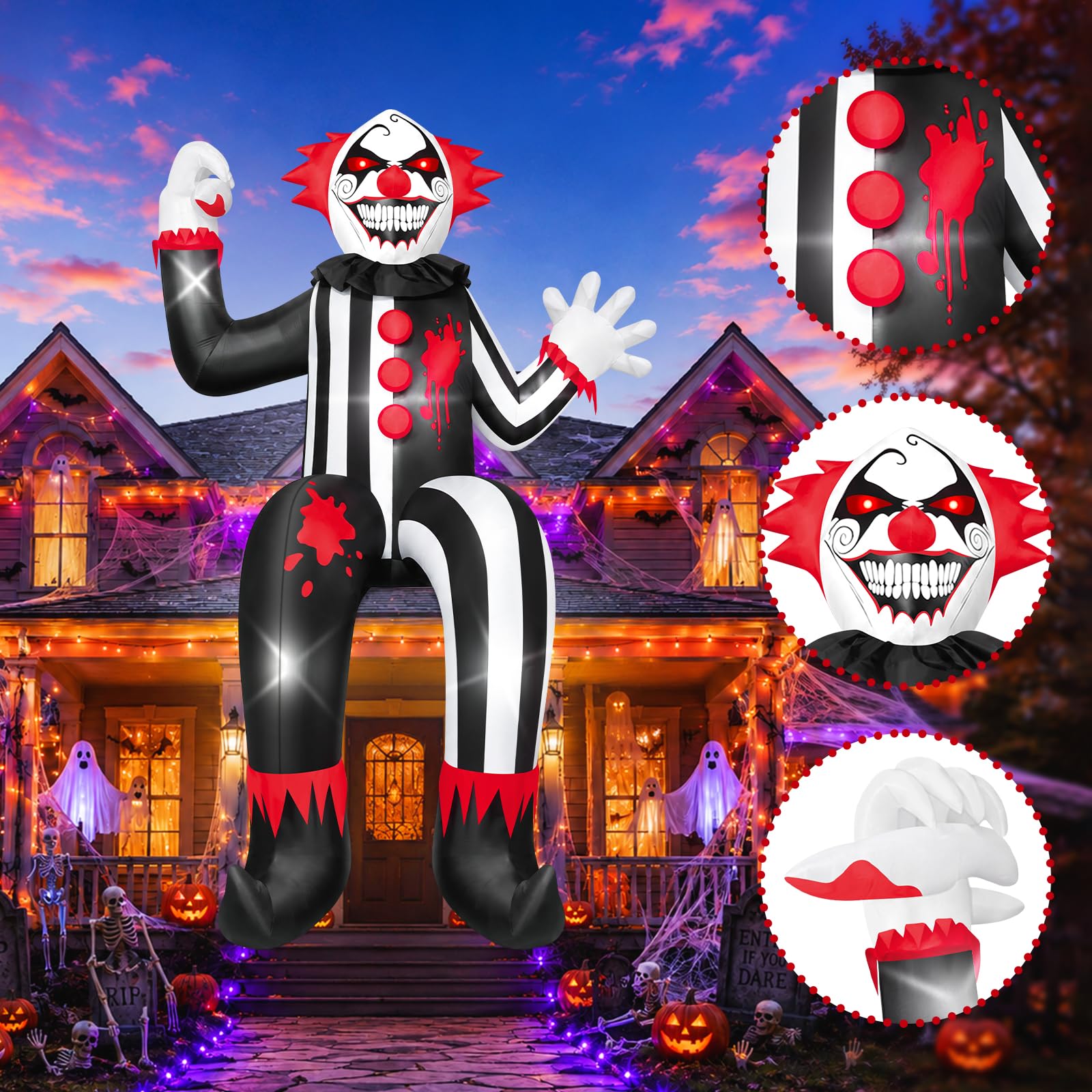 Kalolary Nadmuchiwana figurka na Halloween, 30 m, nadmuchiwany klaun, siedzący klaun, na krawędź dachu, Halloween, dekoracja zewnętrzna
