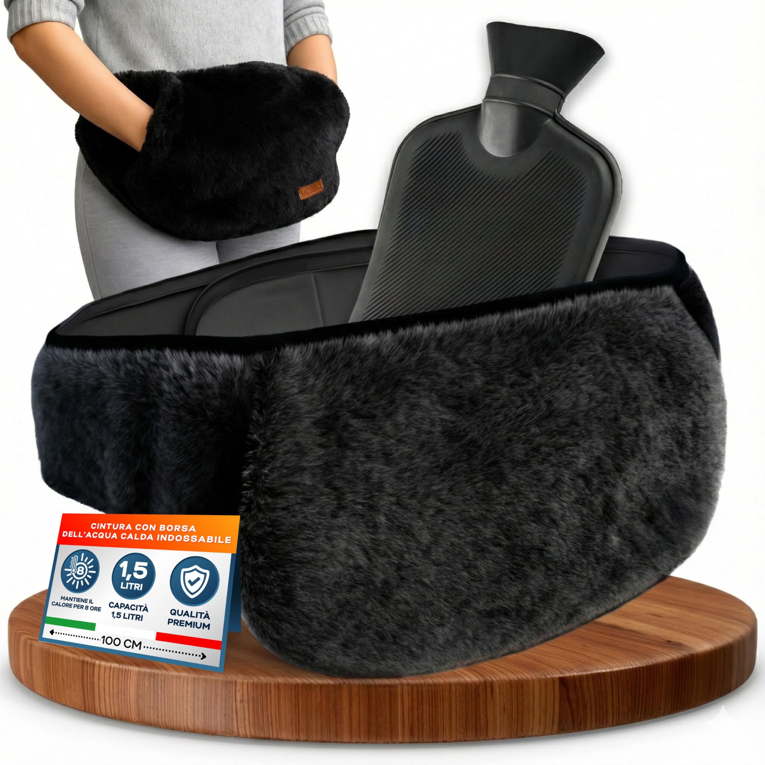 Cintura per Borsa dell'Acqua Calda - Boule Acqua Calda da 1,5 Litri con Copertura in Velluto di Coniglio Grigio - Borsa Acqua Calda di Lusso, Morbida e Indossabile per Dolori Mestruali (Nero)