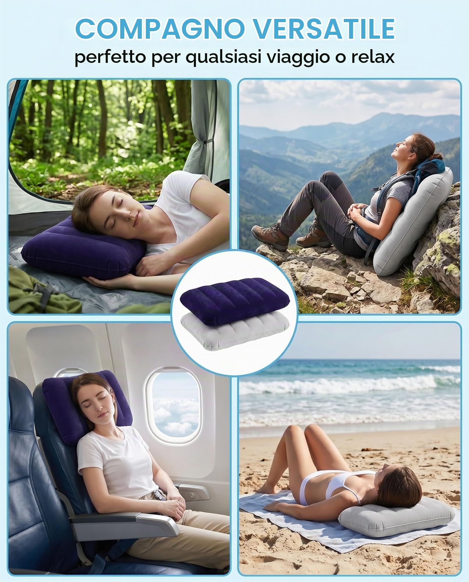 Cuscini Gonfiabili da Viaggio Set 2 Blu+Grigio – Ultraleggeri, Portatili e Multifunzione per Campeggio, Escursionismo, Spiaggia, Supporto Ergonomico.